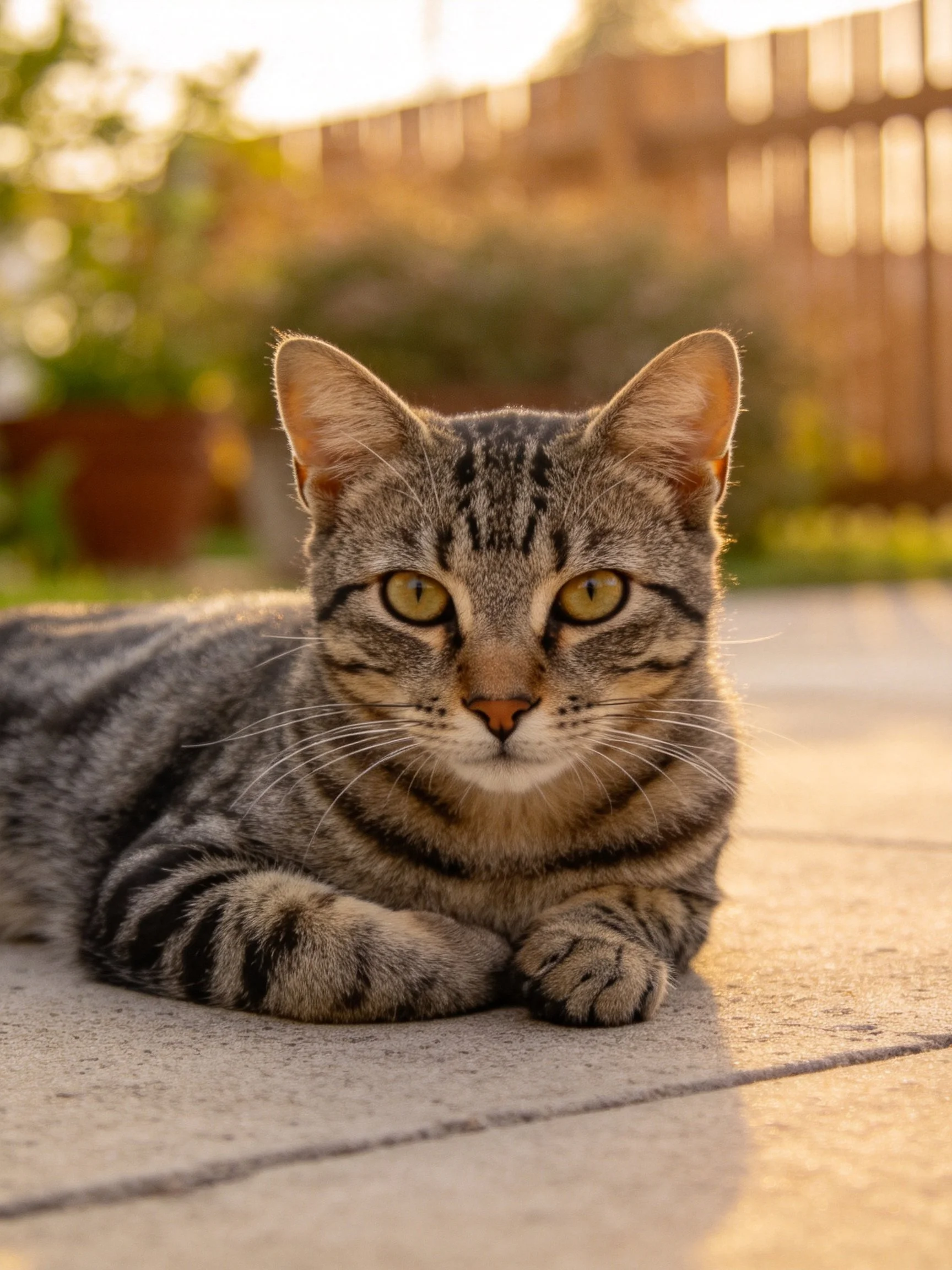 A gray tabby cat rests peacefully on a stone patio with a softly lit outdoor environment.