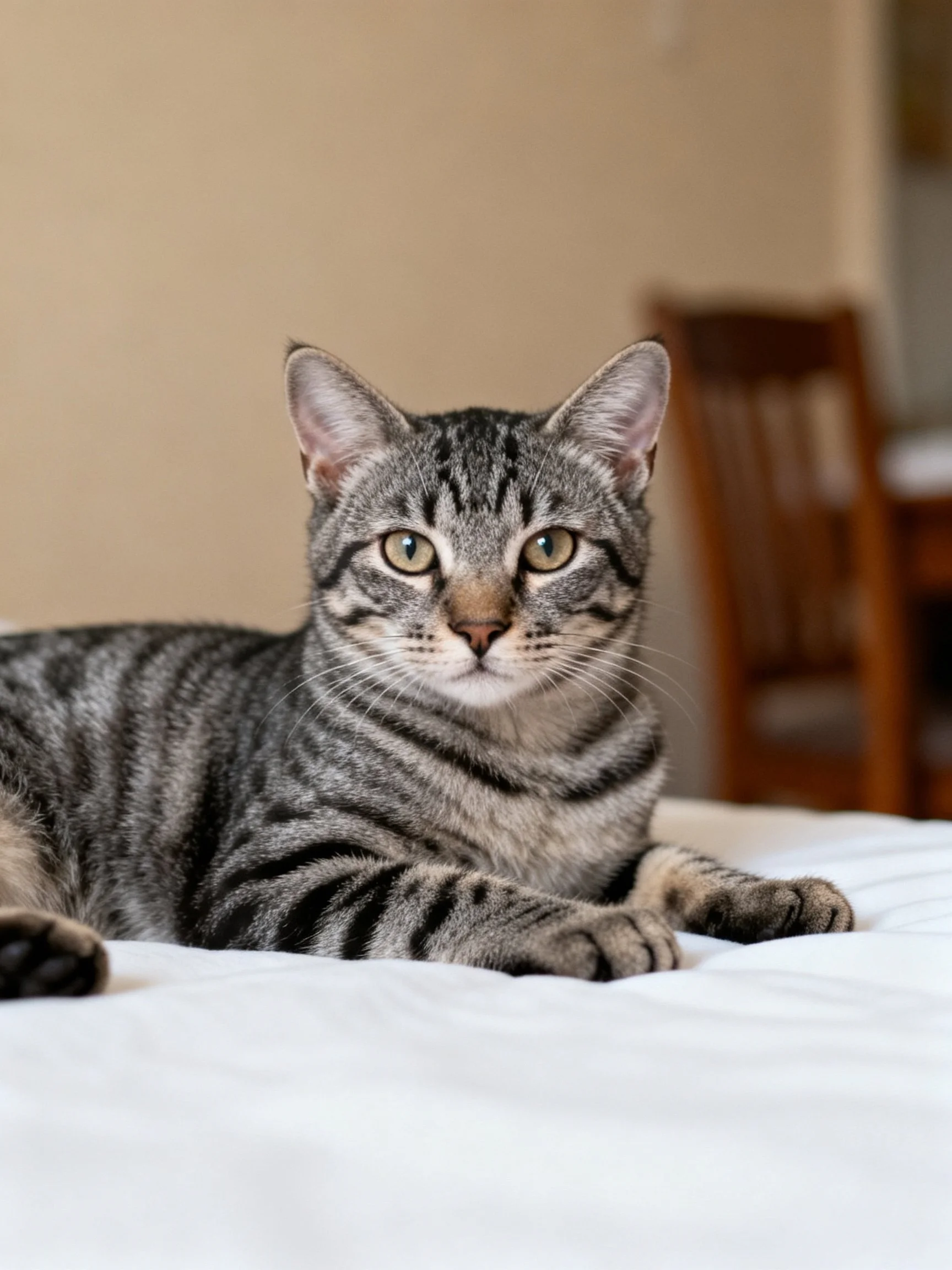 A gray tabby cat relaxes on a white bed with wooden chairs in the background.