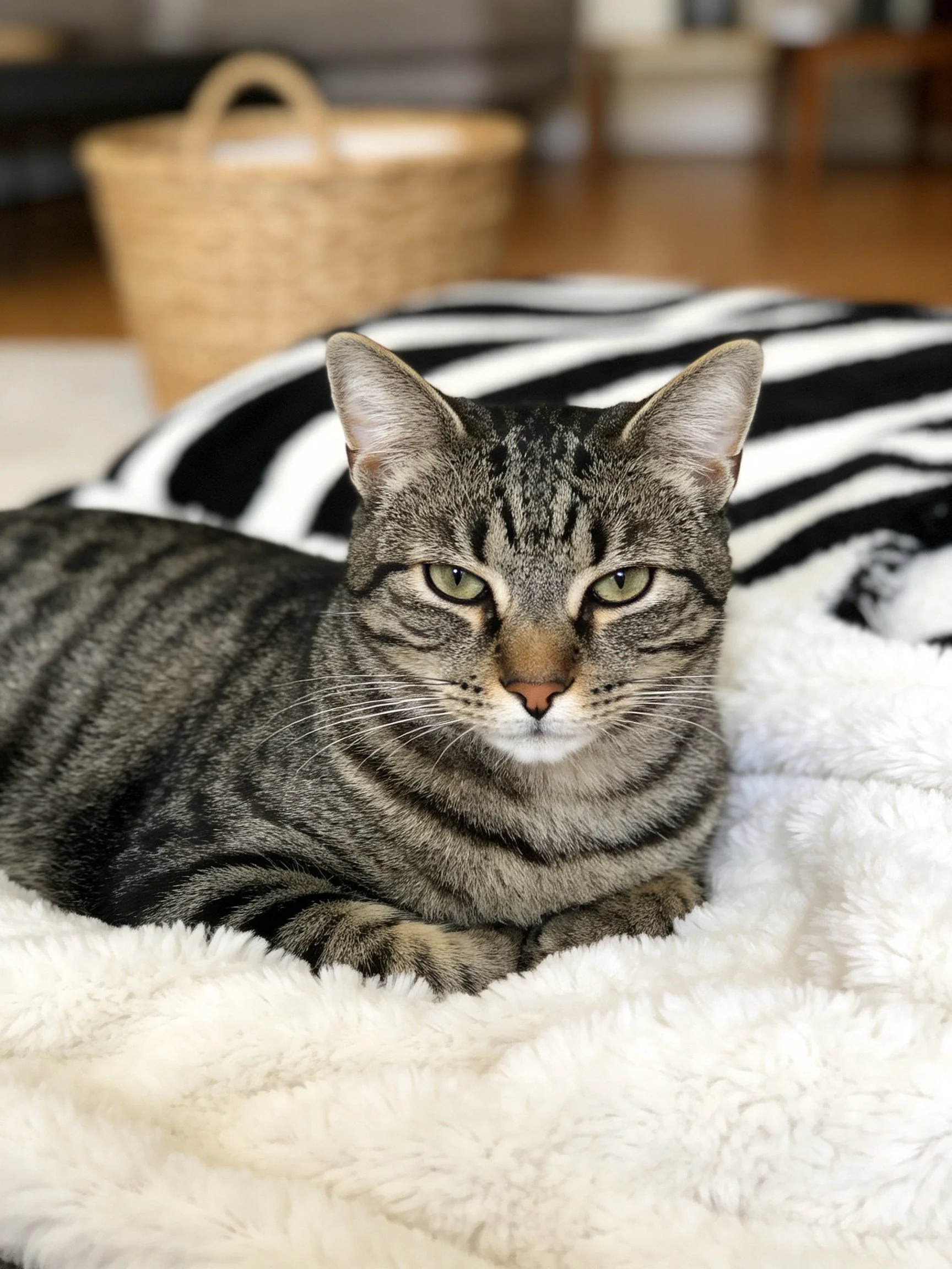 A gray tabby cat relaxes on a soft blanket with patterned pillows nearby.