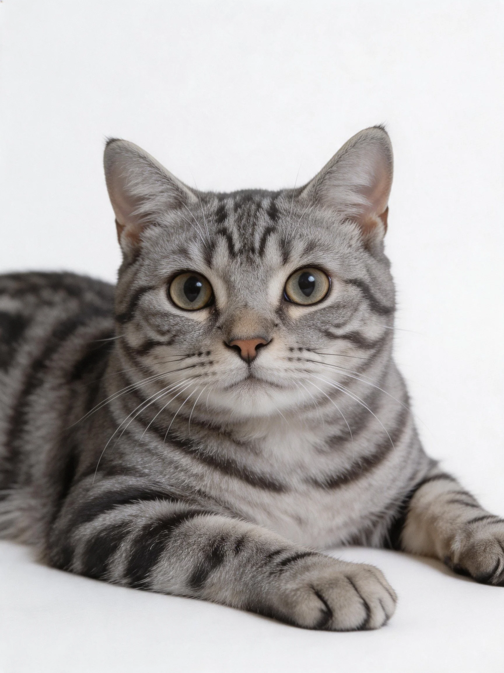 A gray tabby cat rests calmly on a white surface.