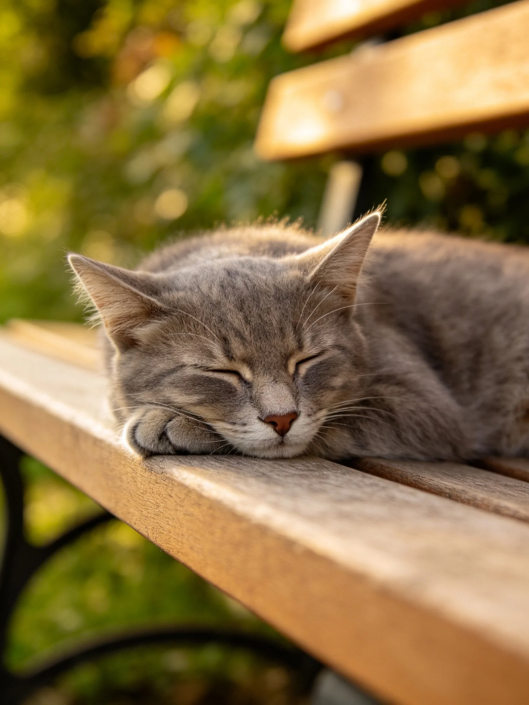 A gray tabby cat rests on a wooden park bench in a sunlit outdoor space.