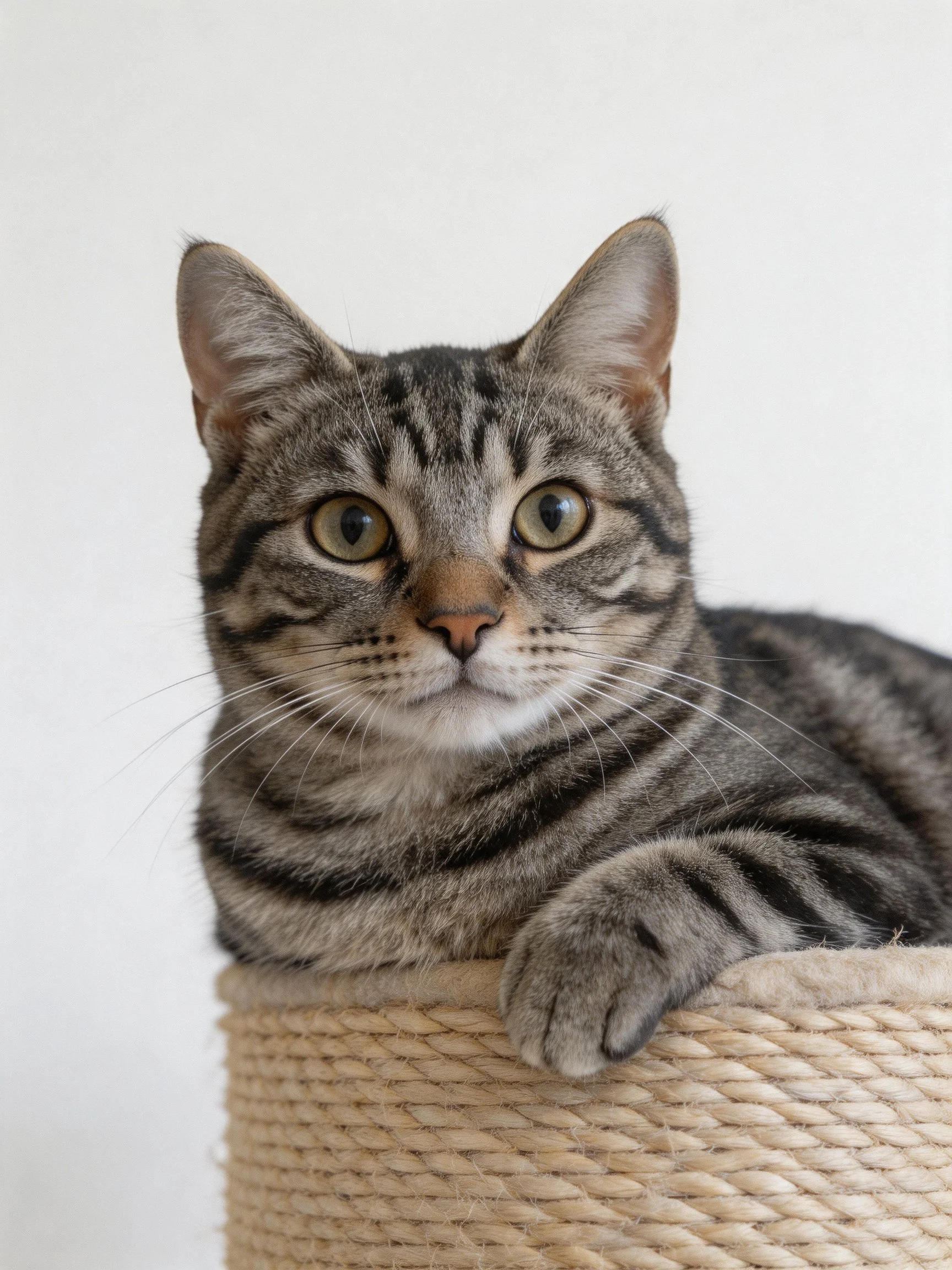 A gray tabby cat resting on a woven scratching post