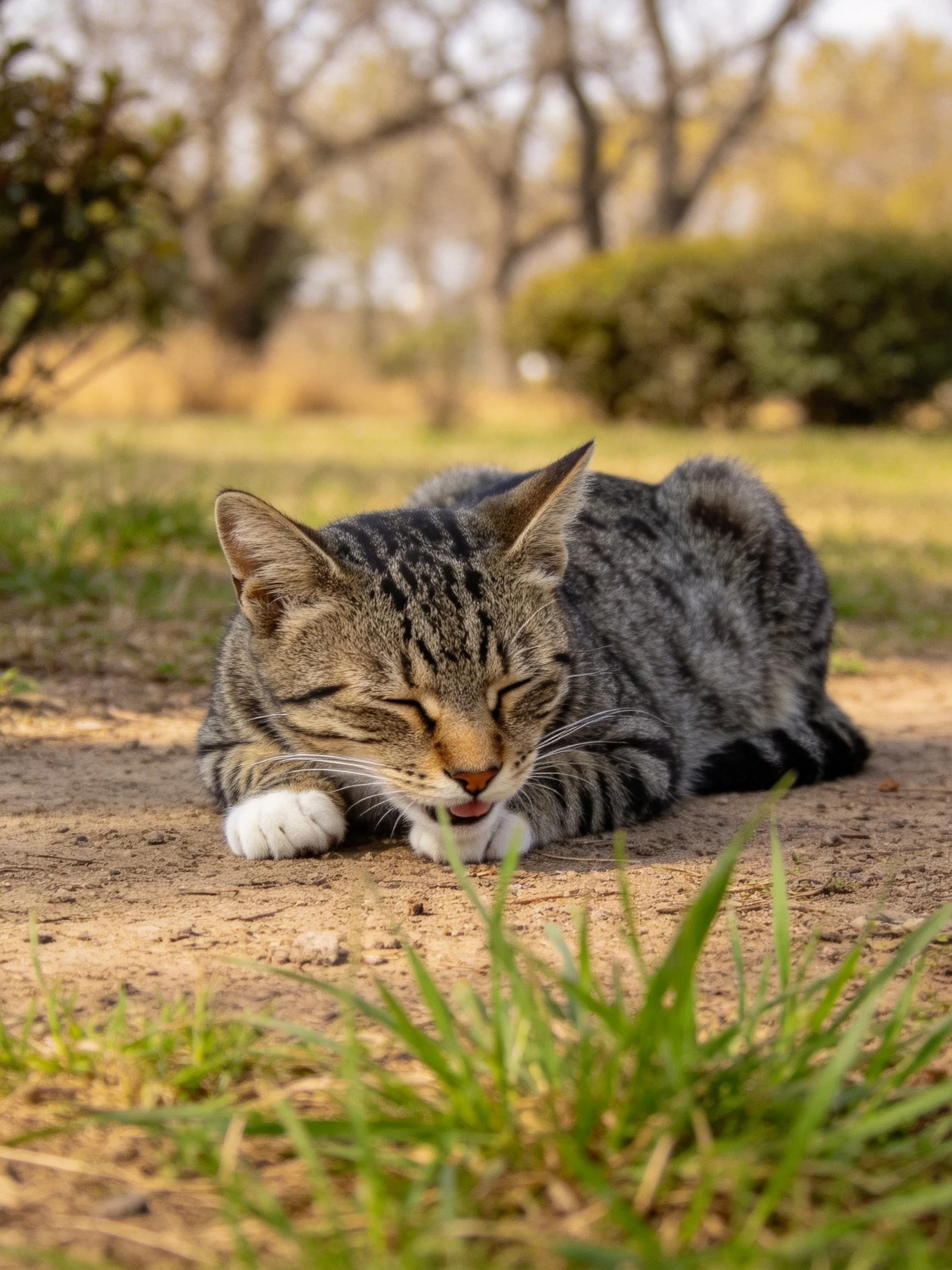 A gray tabby cat relaxes on dirt amid outdoor vegetation.