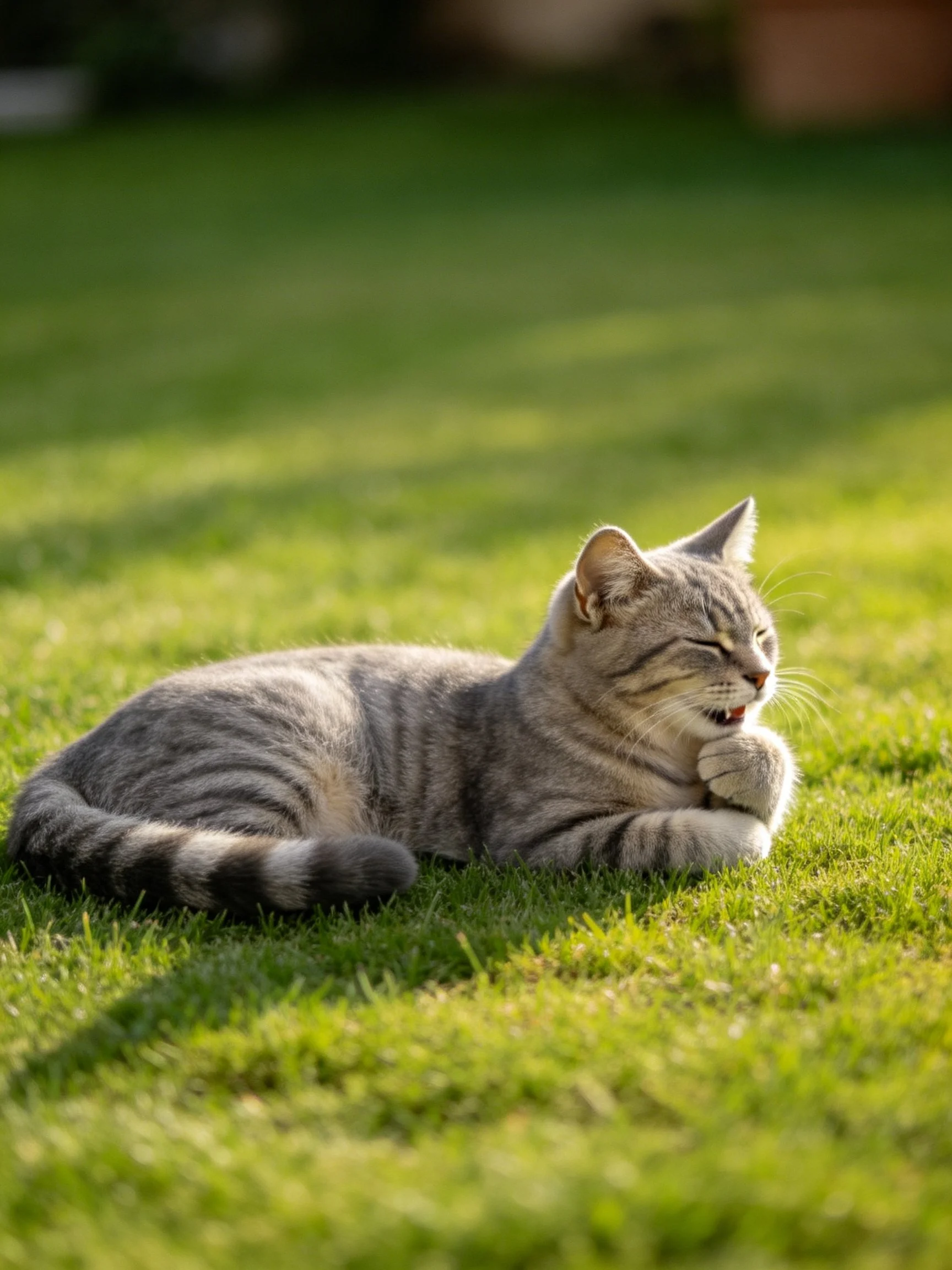 A gray tabby cat relaxes on green grass in sunlight.