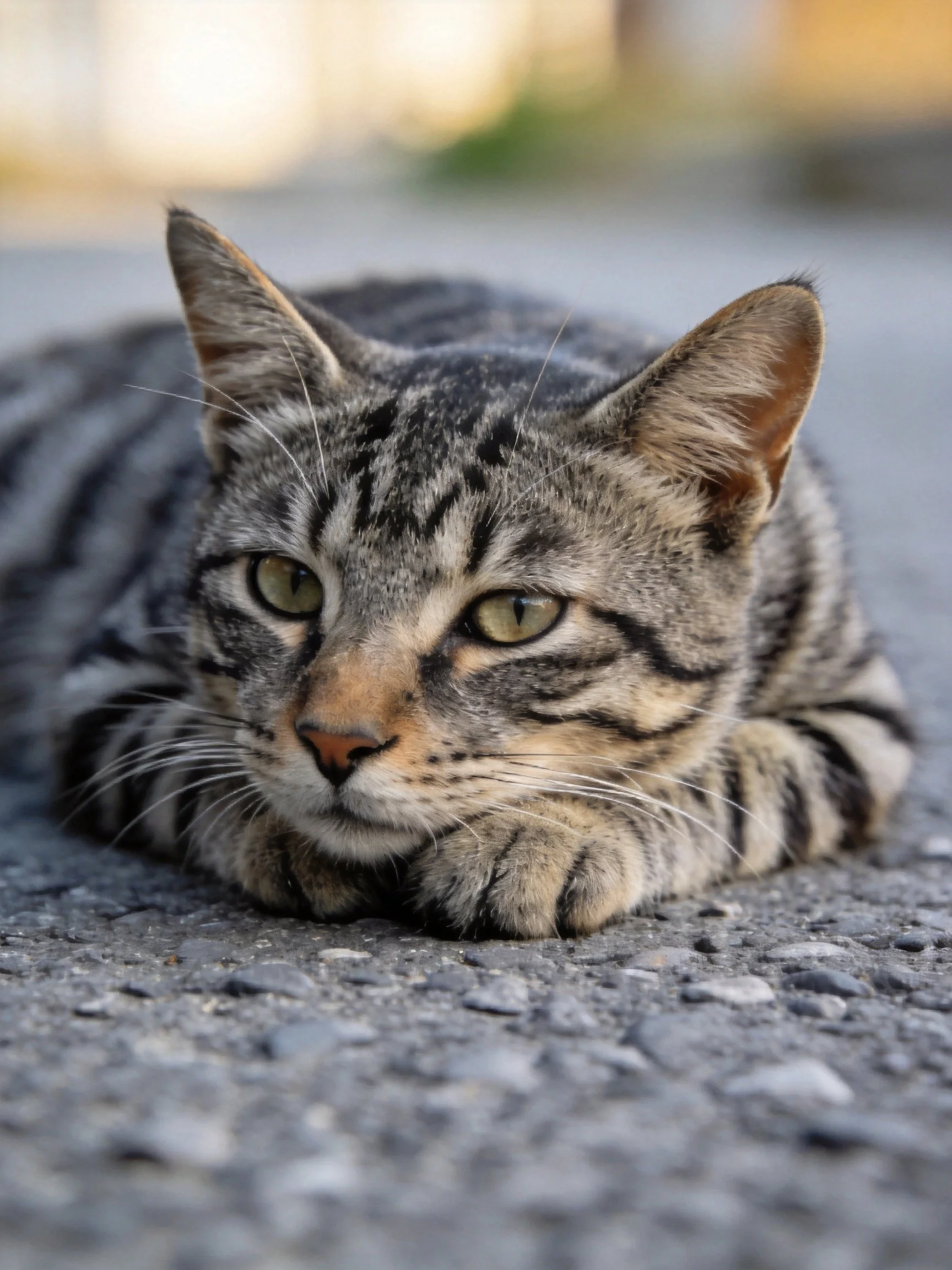 A gray tabby cat lies calmly on rough pavement in an outdoor setting.