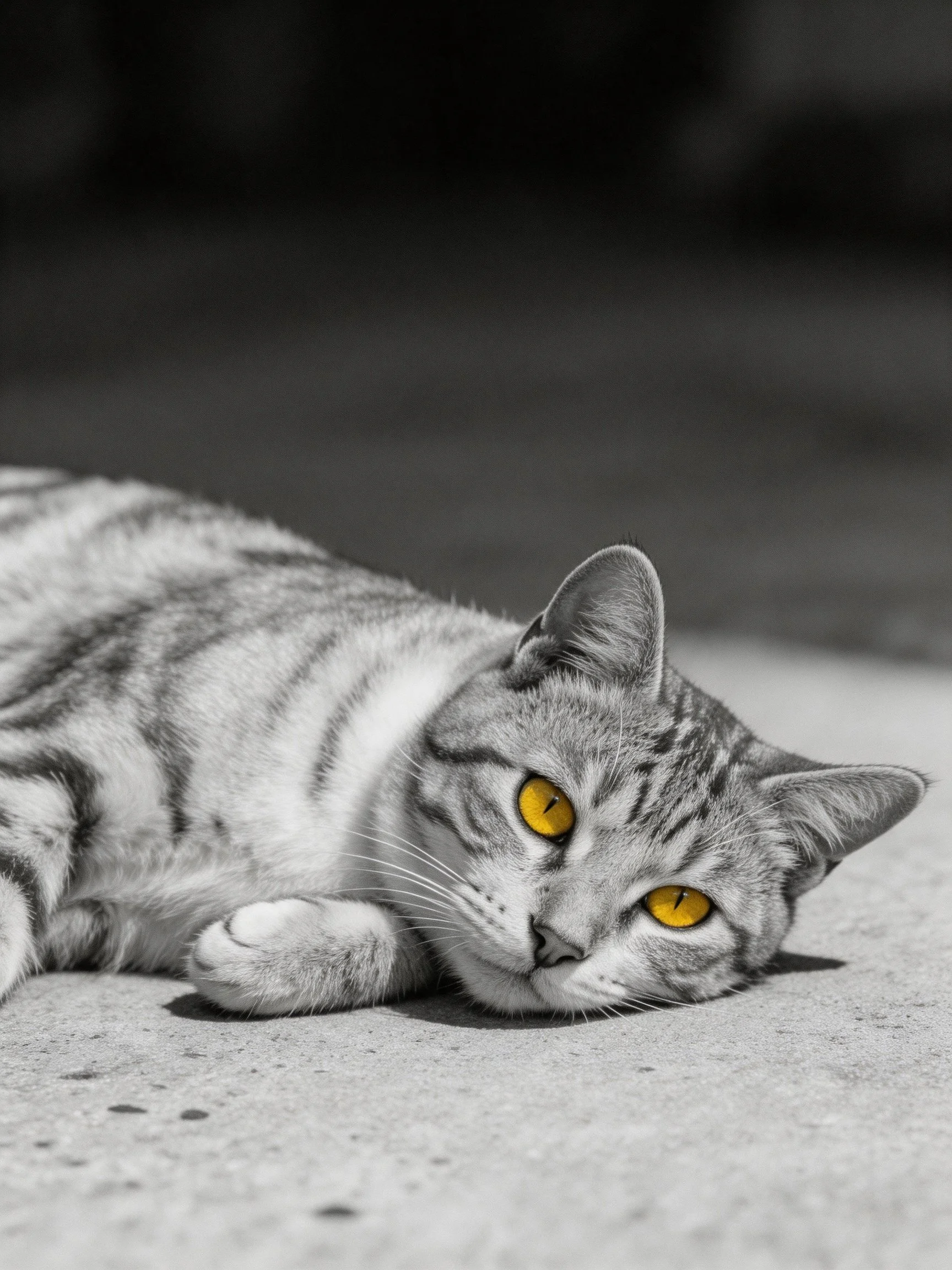 A gray tabby cat rests on a concrete surface with bright yellow eyes.