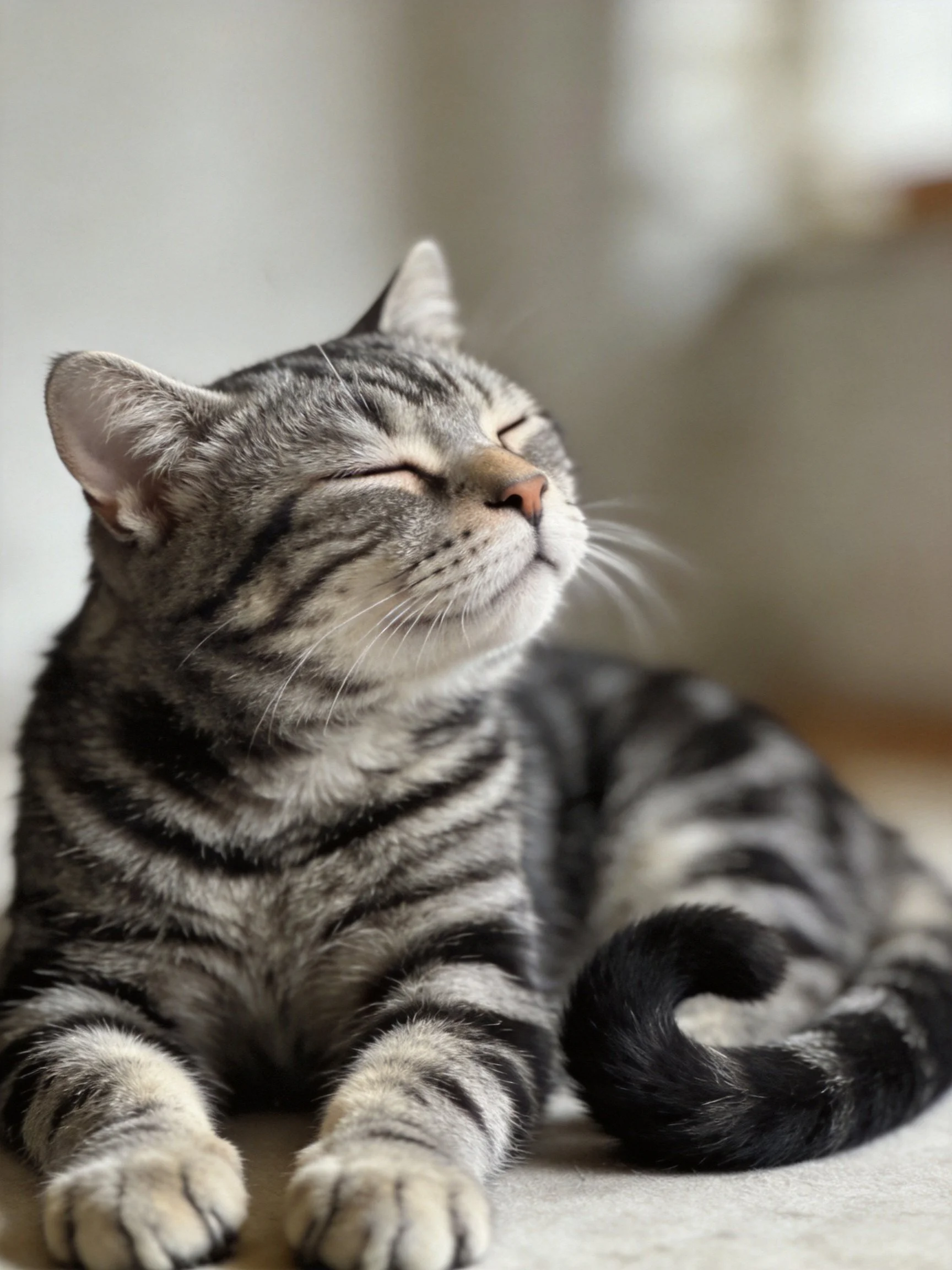 A gray tabby cat relaxes with eyes shut on a soft indoor surface.
