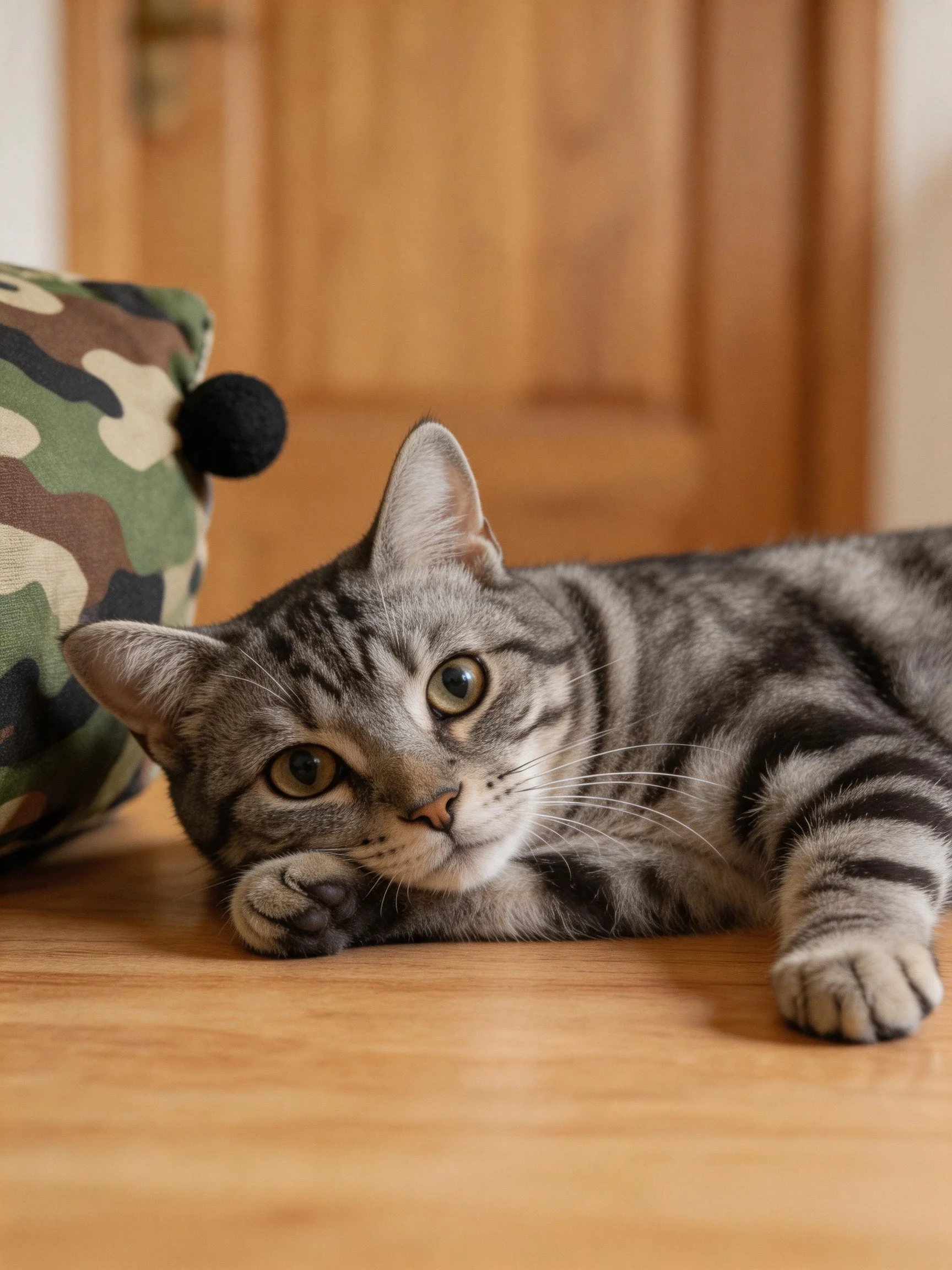 A gray tabby cat relaxes next to a camouflage pillow on a wooden floor.