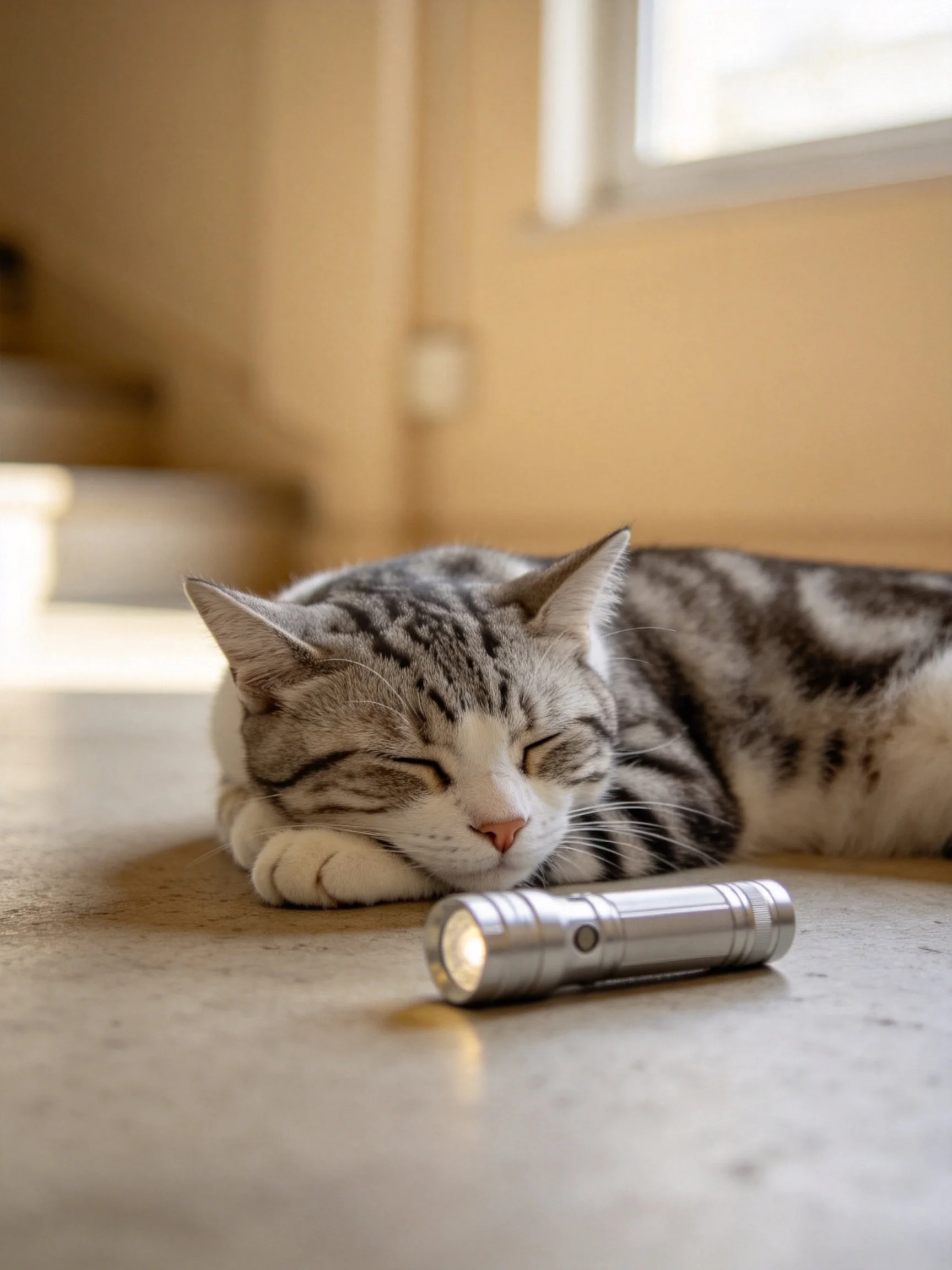 A gray tabby cat rests beside a silver flashlight on a smooth indoor floor