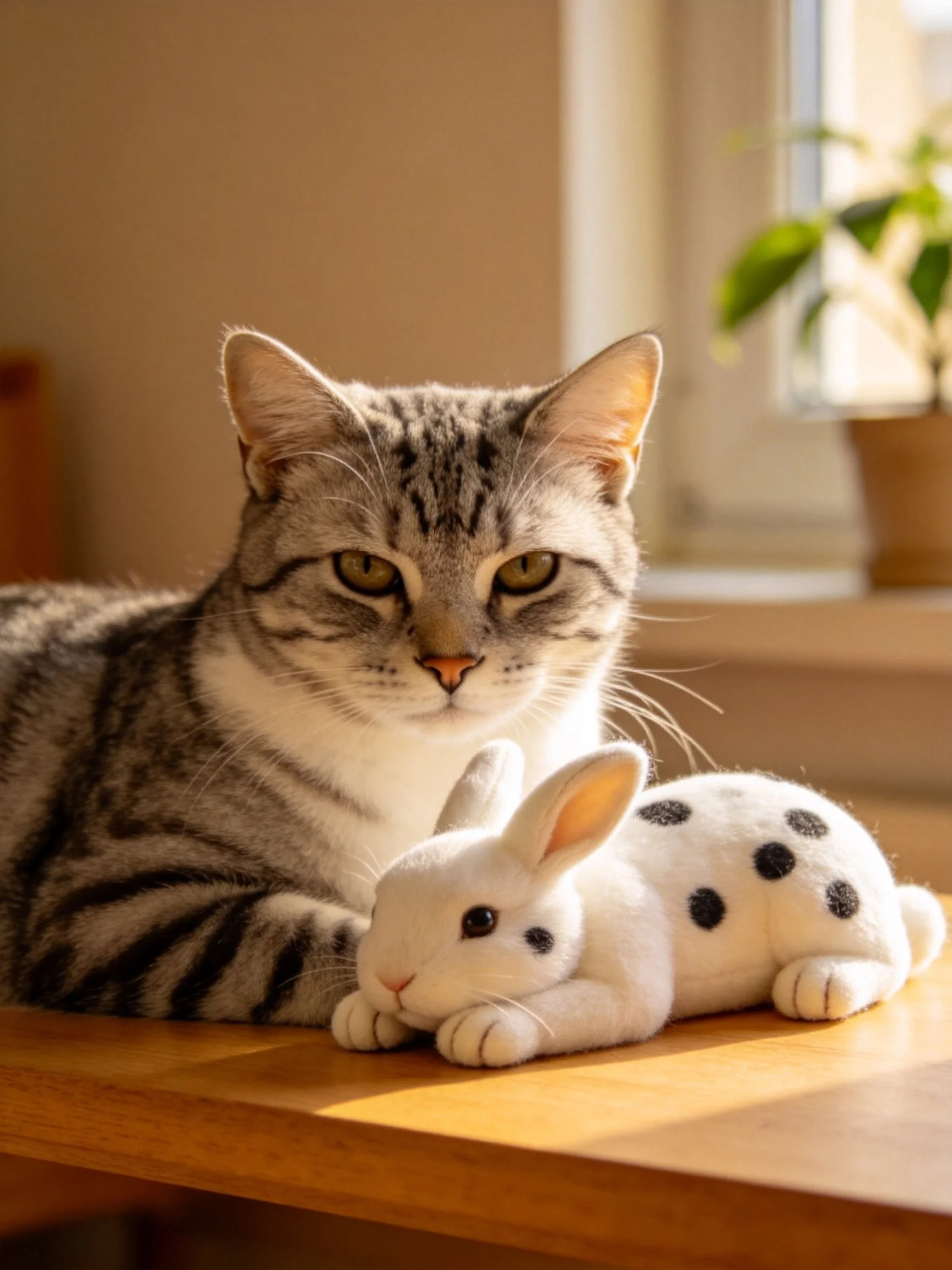 A gray tabby cat sits next to a spotted white stuffed rabbit on a wooden table.