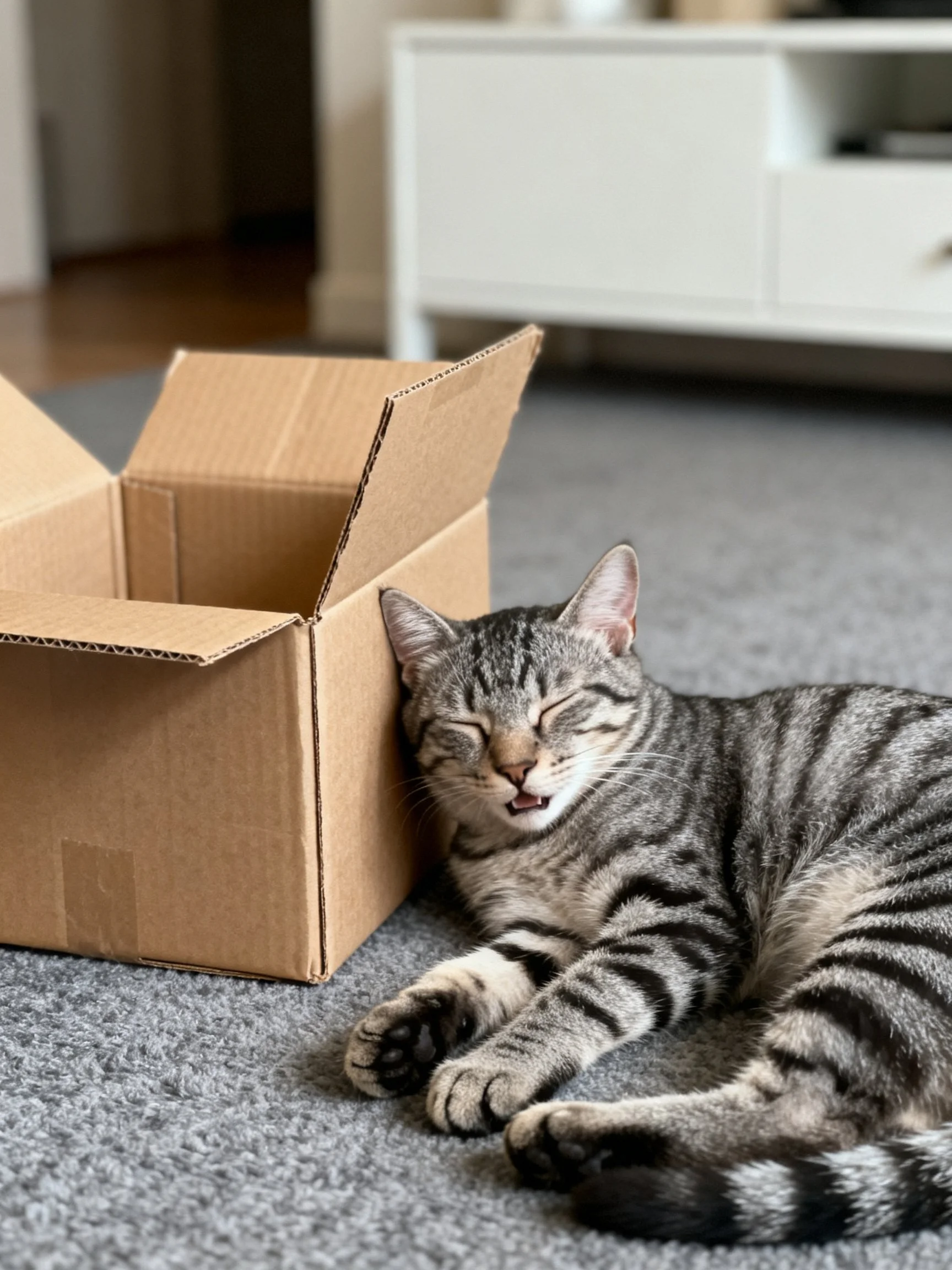 A content gray tabby cat relaxes near an open cardboard box indoors.