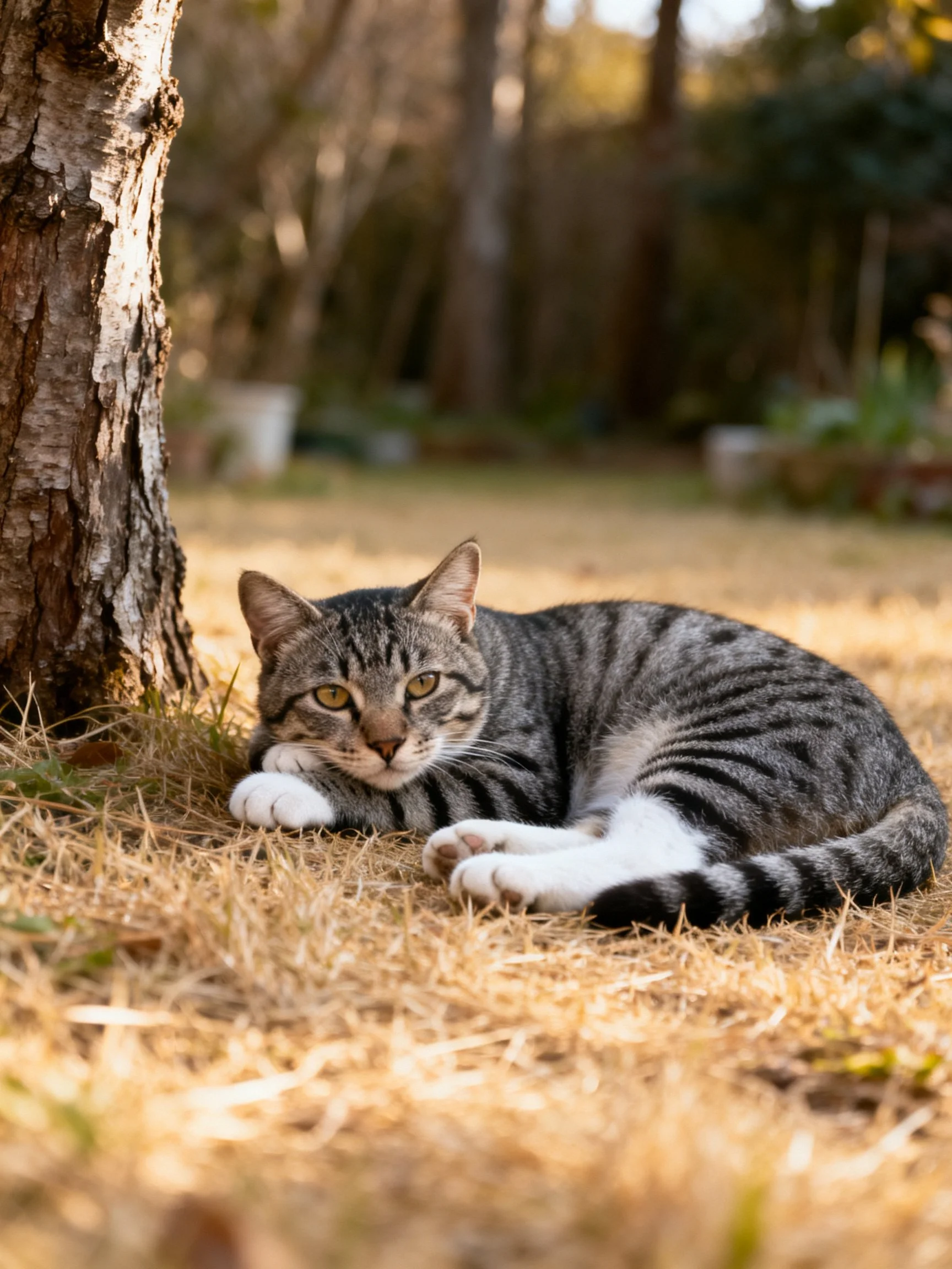 A gray tabby cat rests by a tree on dry grass