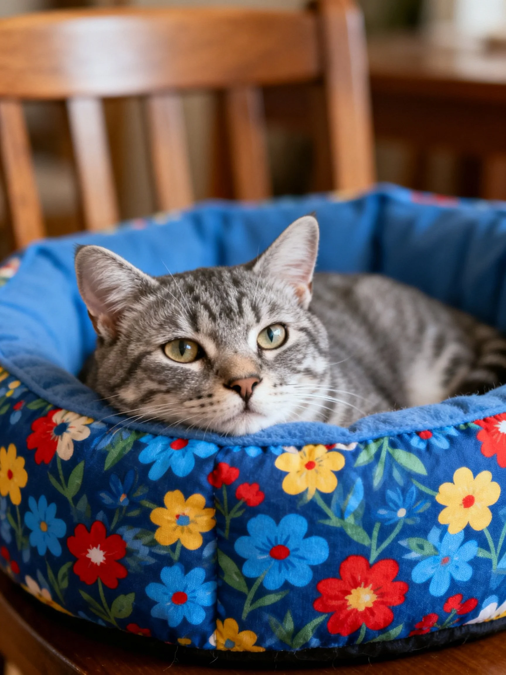A gray tabby cat relaxes in a vibrant flower-patterned pet bed.