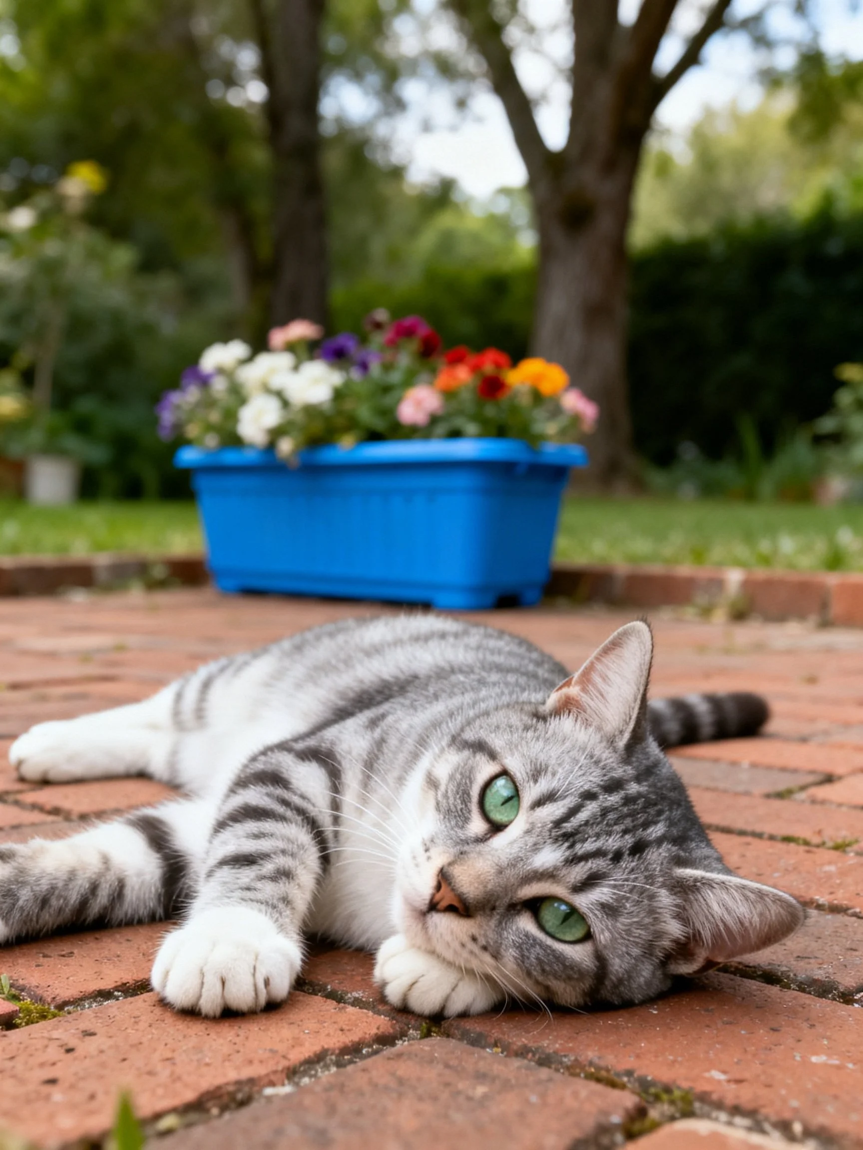A gray tabby cat relaxes on a brick patio beside a blue flower planter.