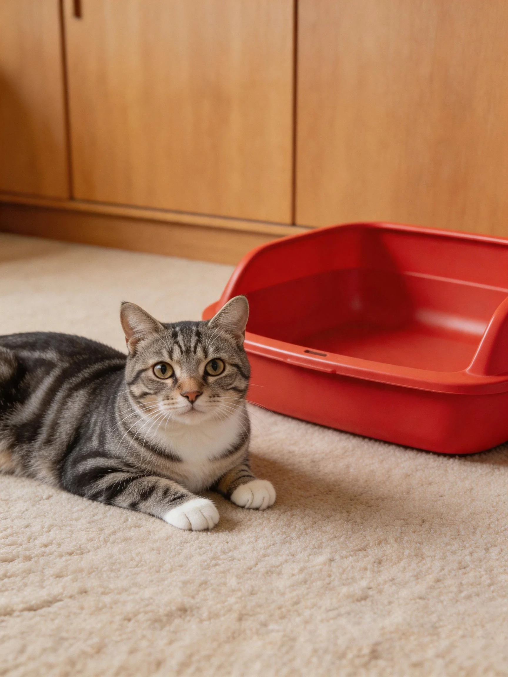 A gray tabby cat rests near a bright red container on a beige carpet