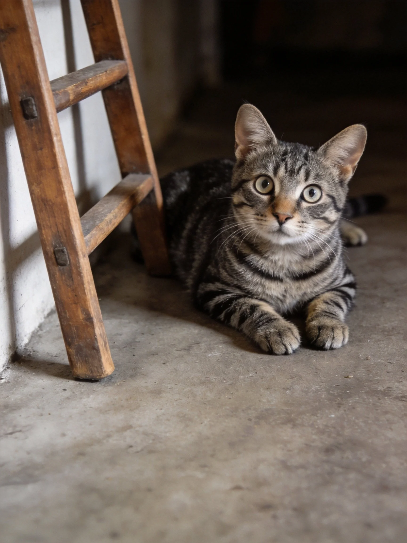 A gray tabby cat rests near an old wooden ladder on a concrete floor
