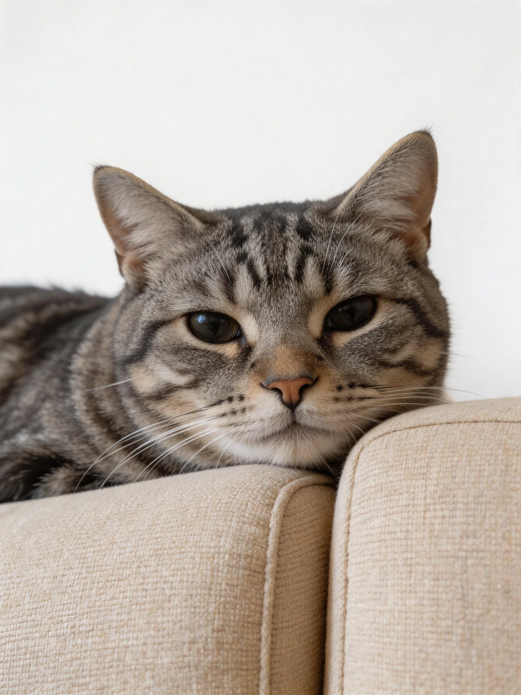 A gray tabby cat rests on a beige couch near a plain white wall