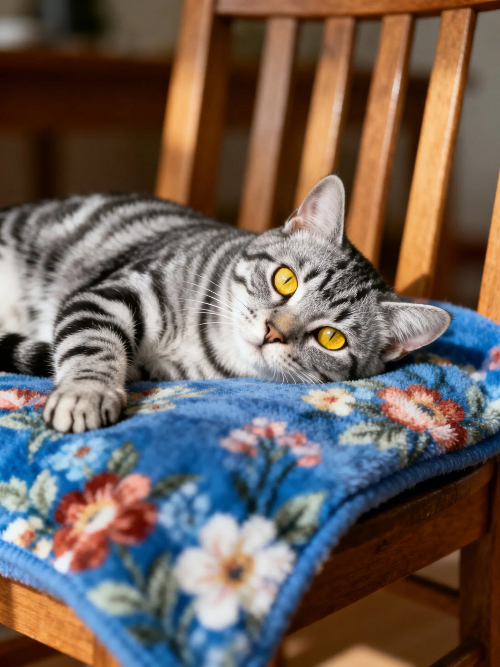 A gray tabby cat rests on a blue floral cushion atop a wooden chair