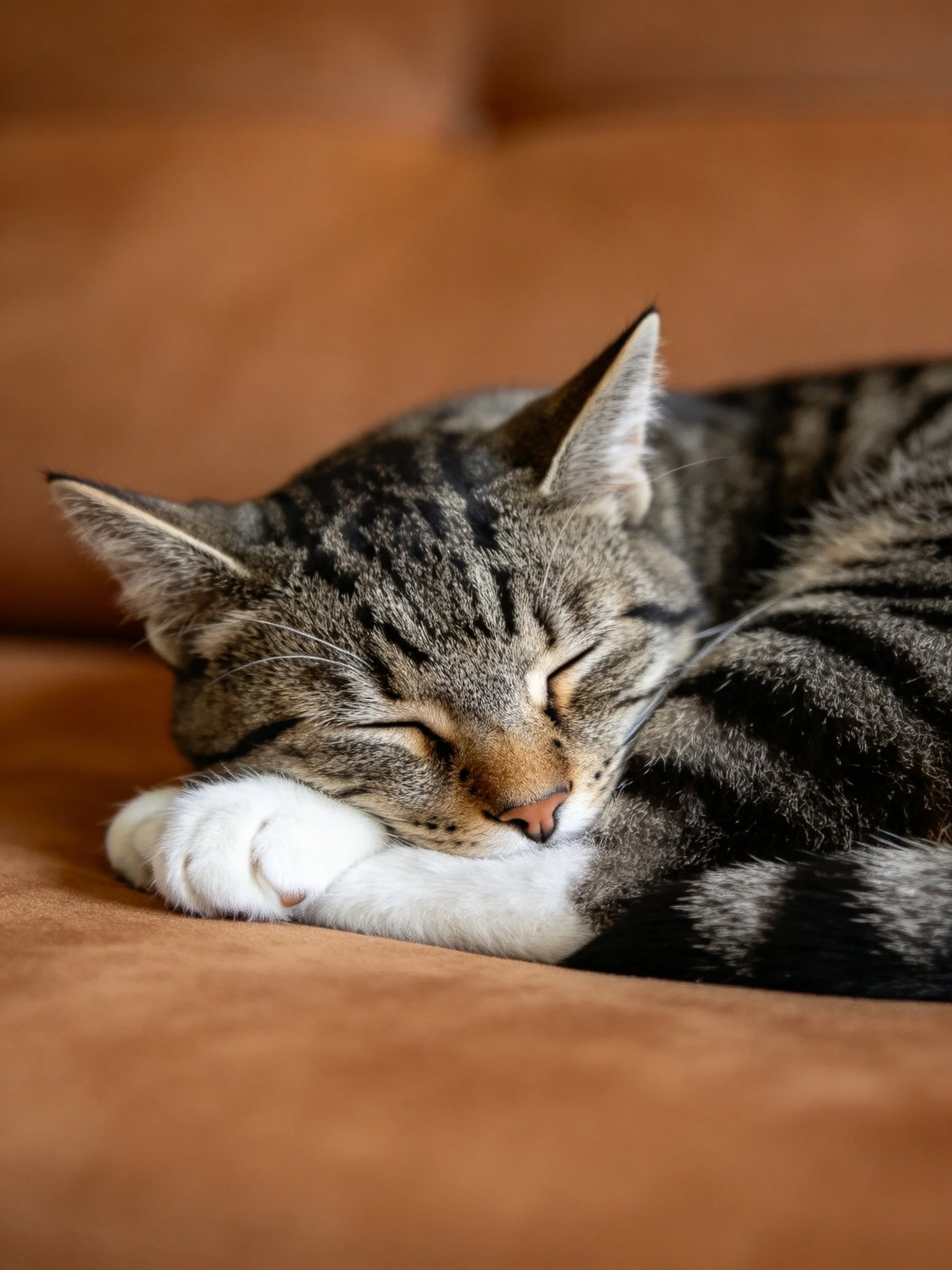 A gray tabby cat sleeps on a brown couch.