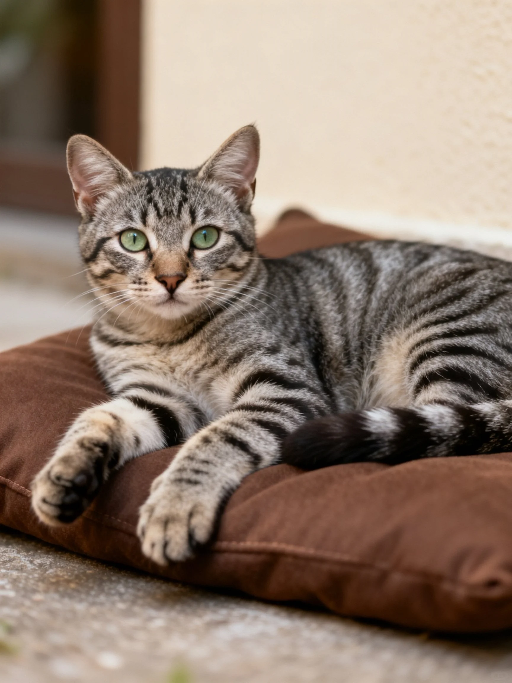 A gray tabby cat rests on a brown cushion near a wall