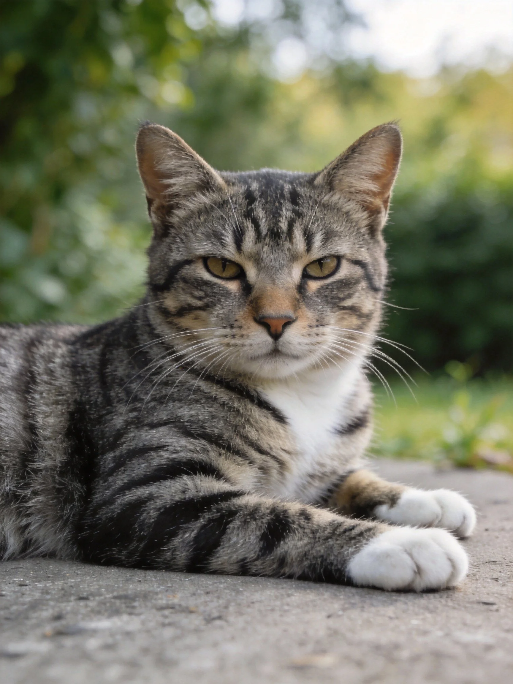 A gray tabby cat rests on a concrete path outdoors