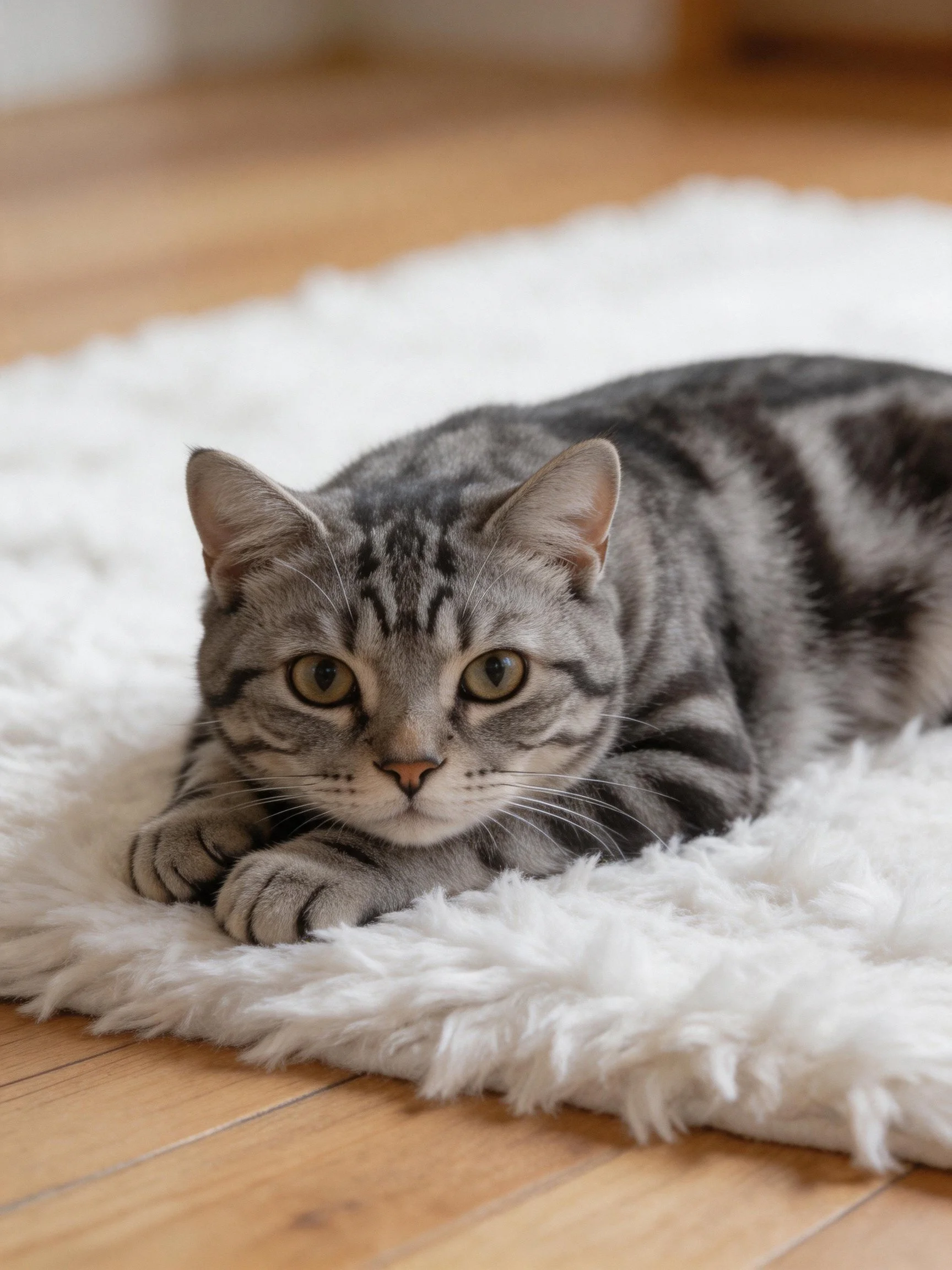 A gray tabby cat relaxes on a soft white rug in a cozy indoor space.