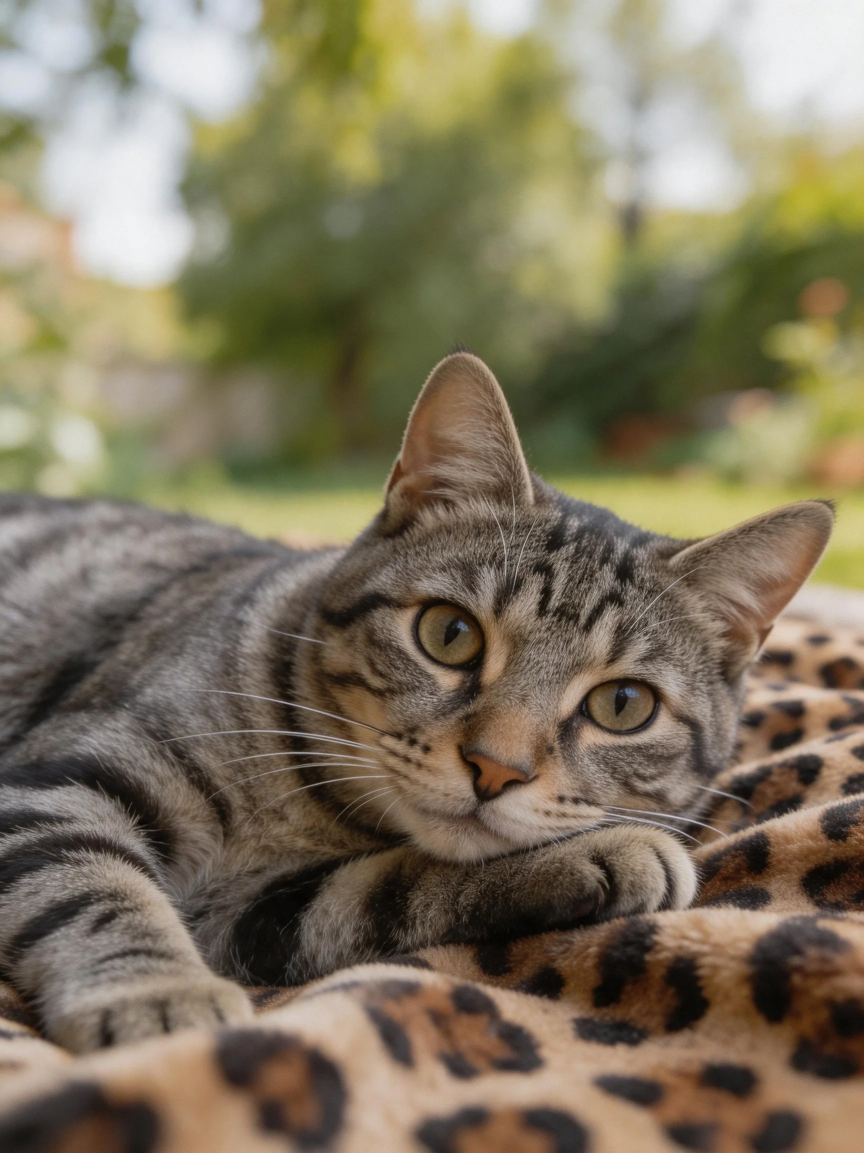 A gray tabby cat rests on a leopard - print blanket outdoors