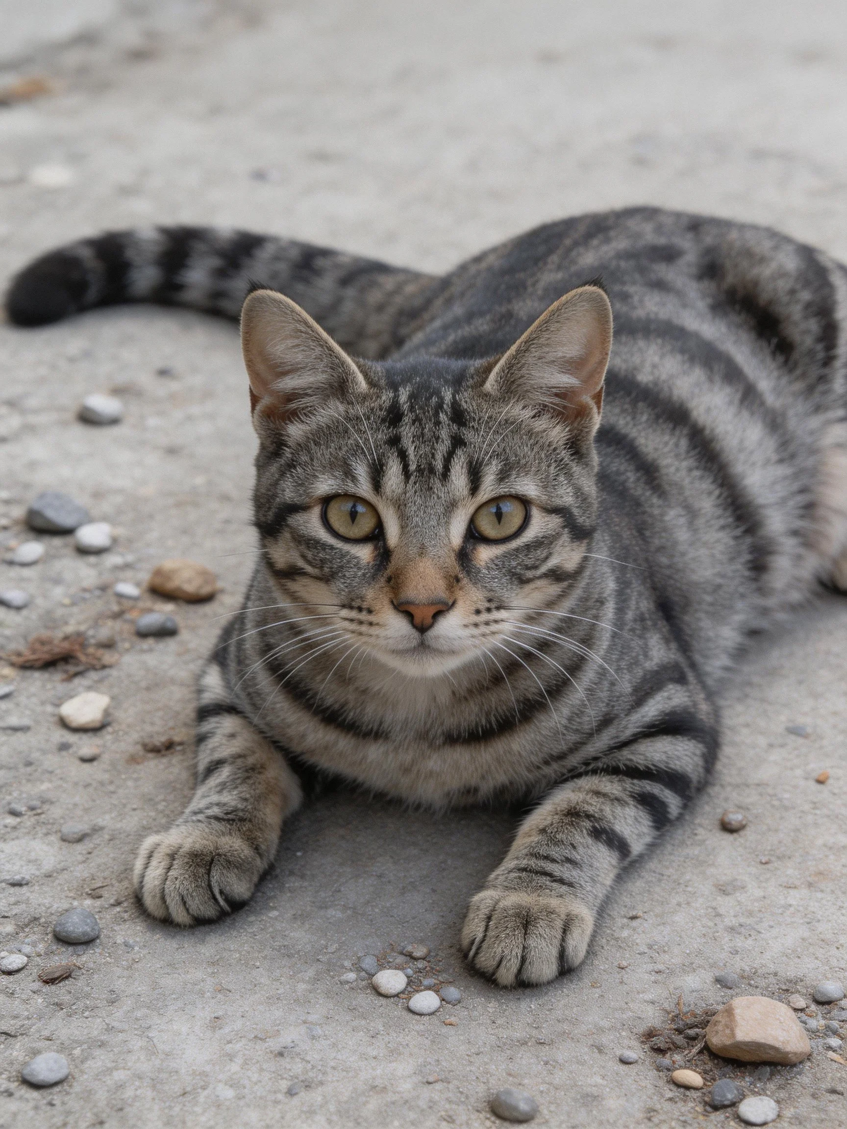 A gray tabby cat rests on a pebbly concrete surface
