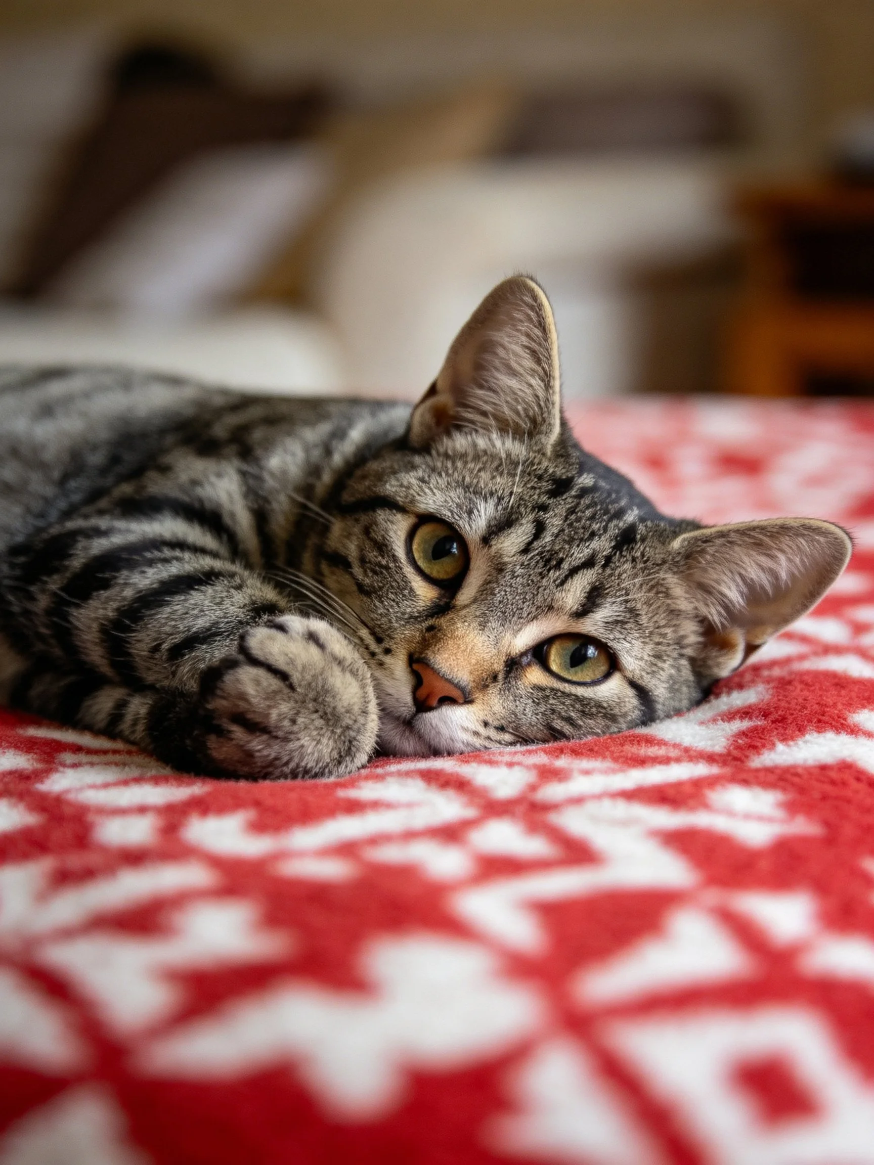 A gray tabby cat relaxes on a red and white blanket indoors.