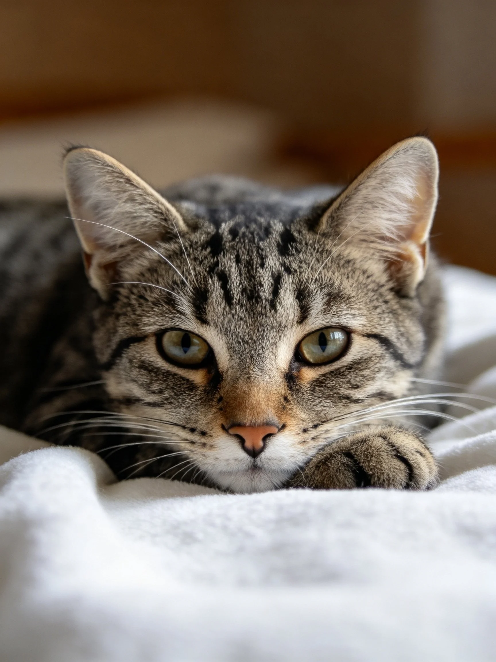 A gray tabby cat lies calmly on a white blanket, maintaining direct eye contact.