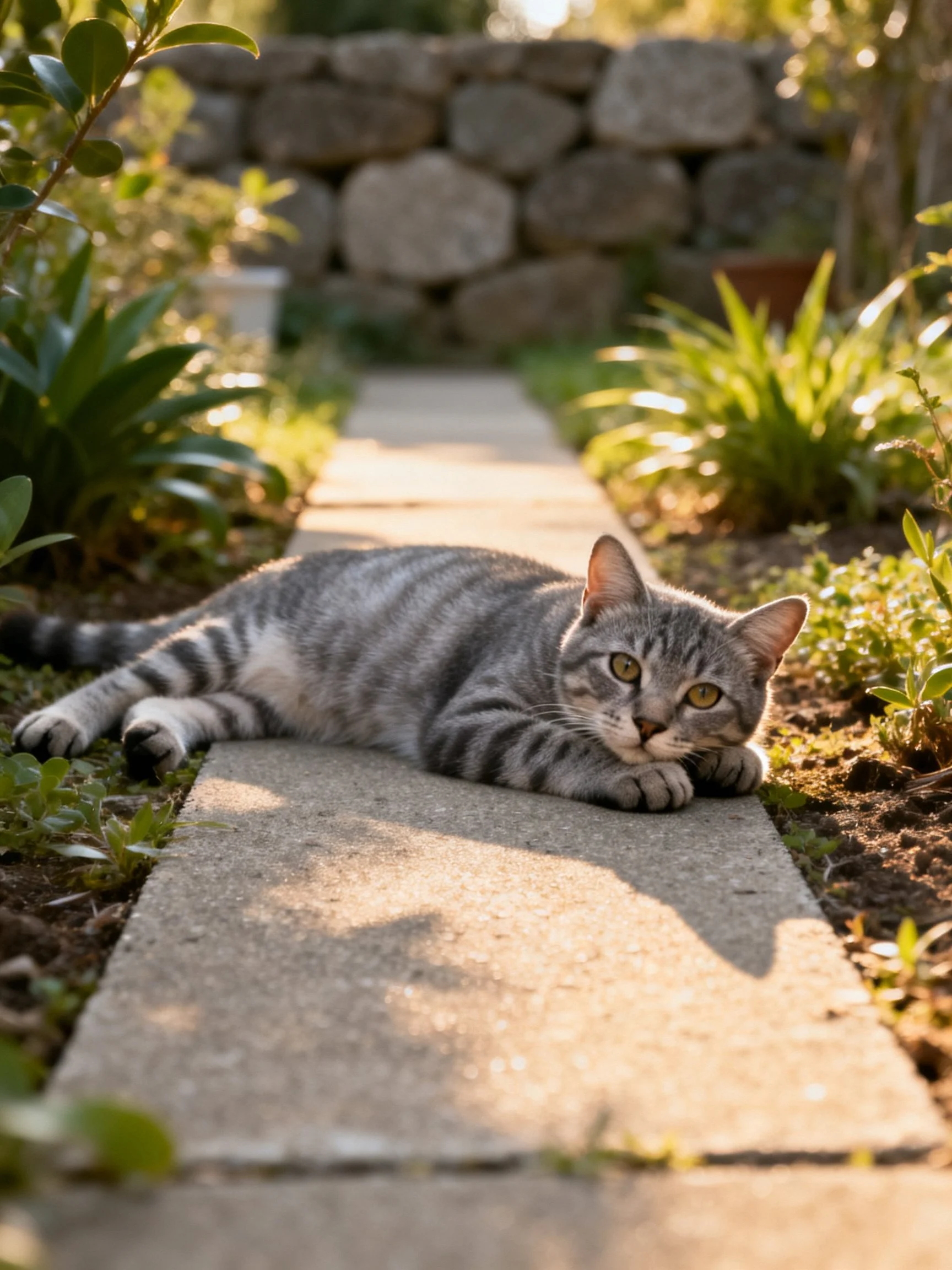 A gray tabby cat relaxes on a sunlit stone path in a garden setting.