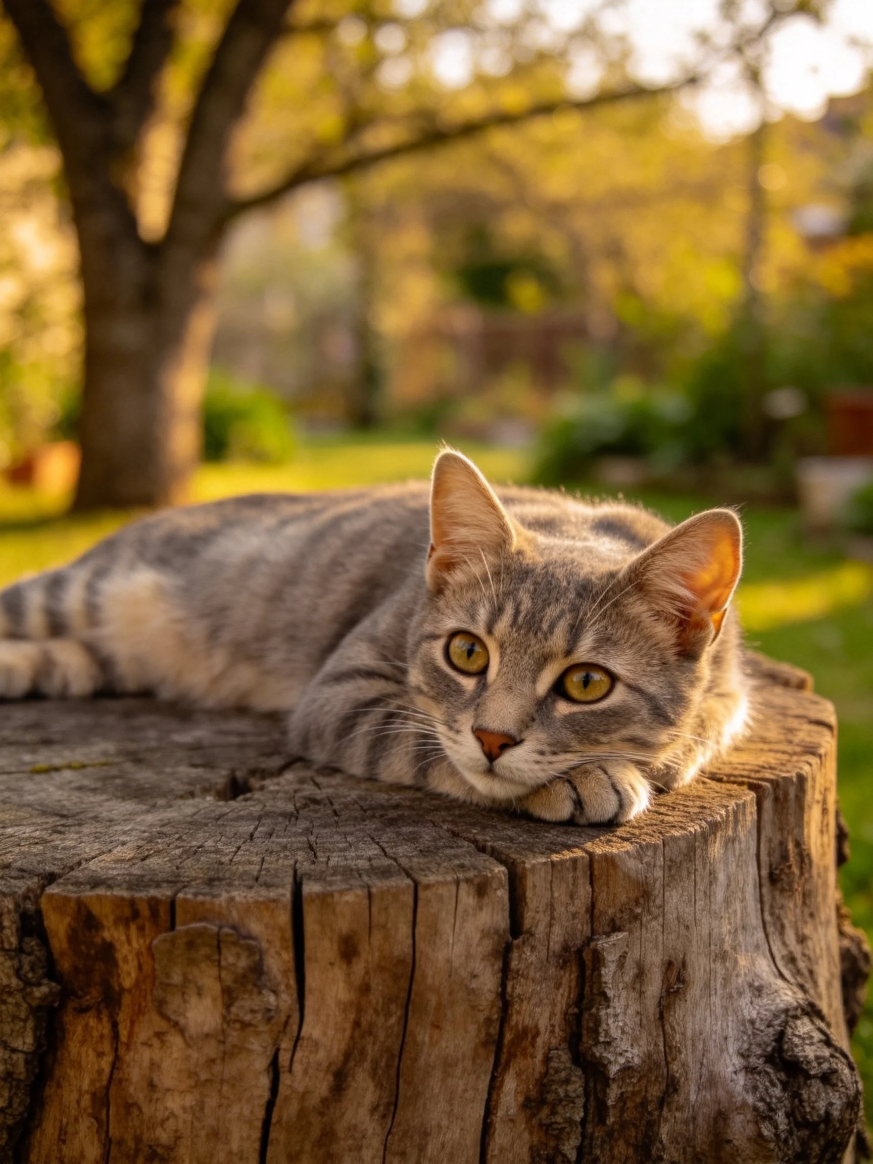 A gray tabby cat relaxes on a large tree stump in a sunlit outdoor space.