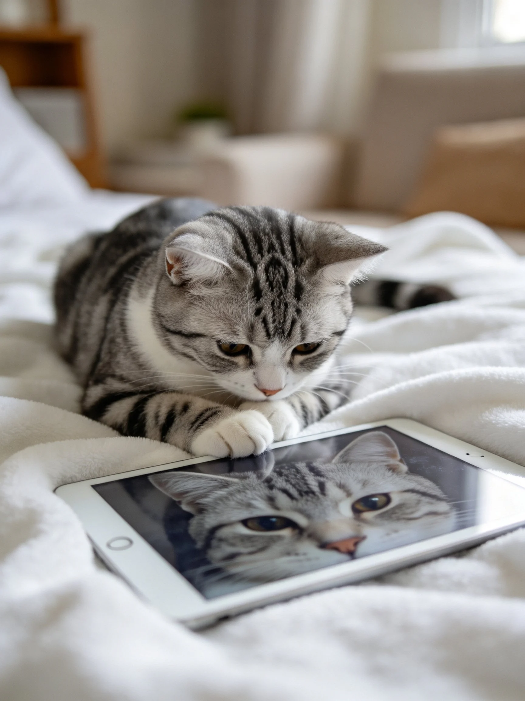 A gray tabby cat rests on a white bed beside an iPad displaying its image
