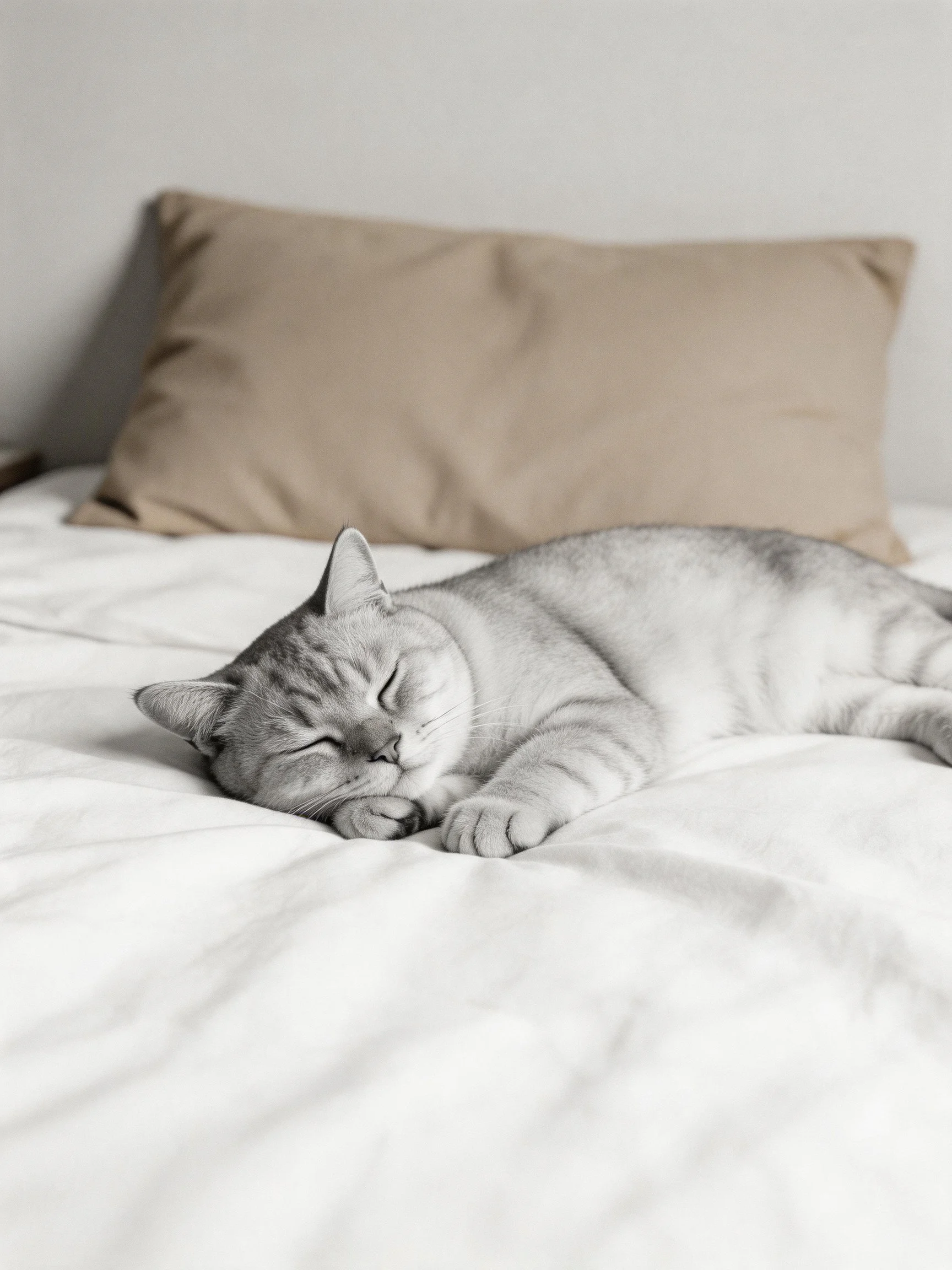 A gray tabby cat rests on a white bed with a beige pillow