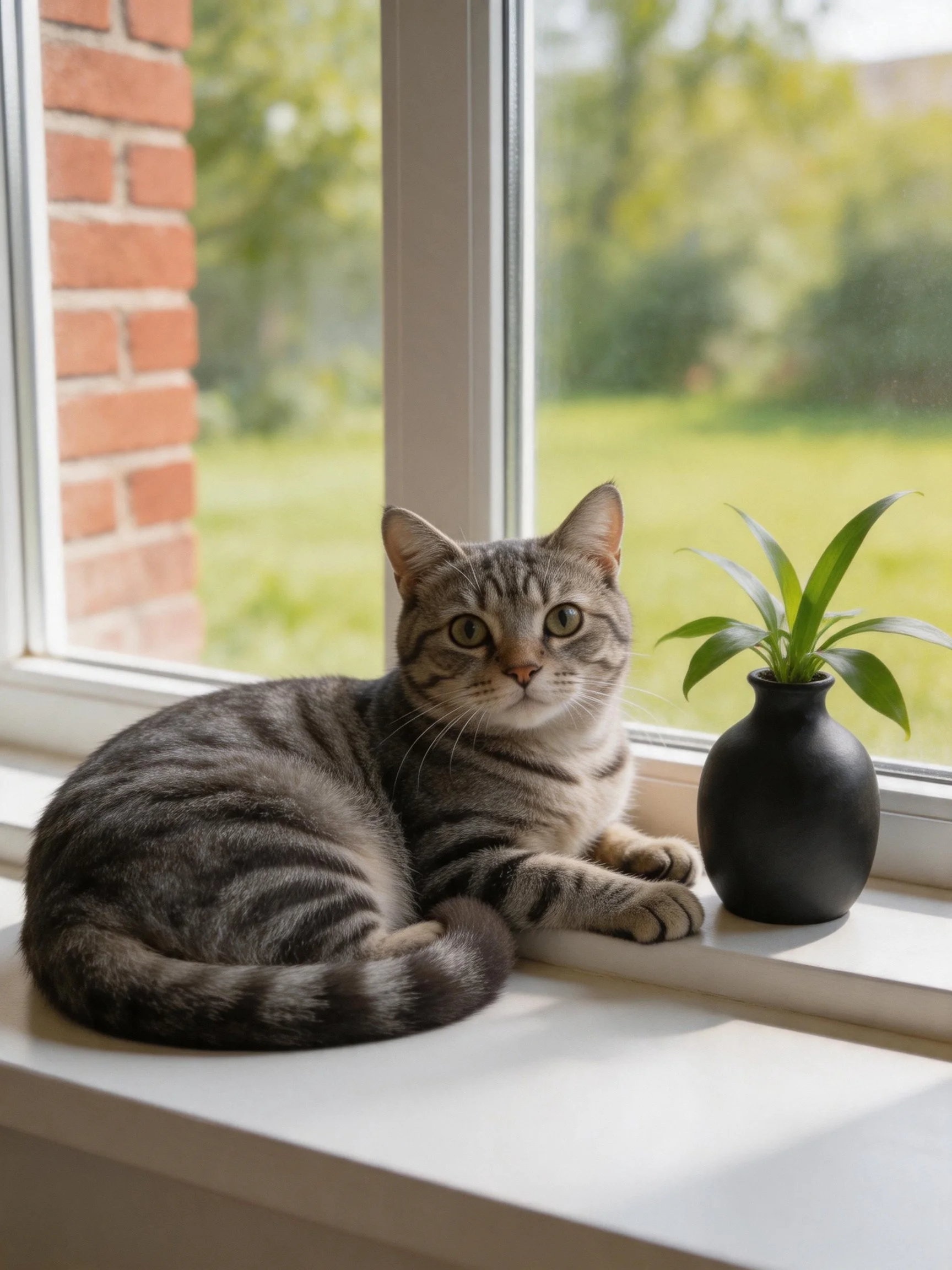A gray tabby cat rests on a windowsill beside a black vase with a green plant