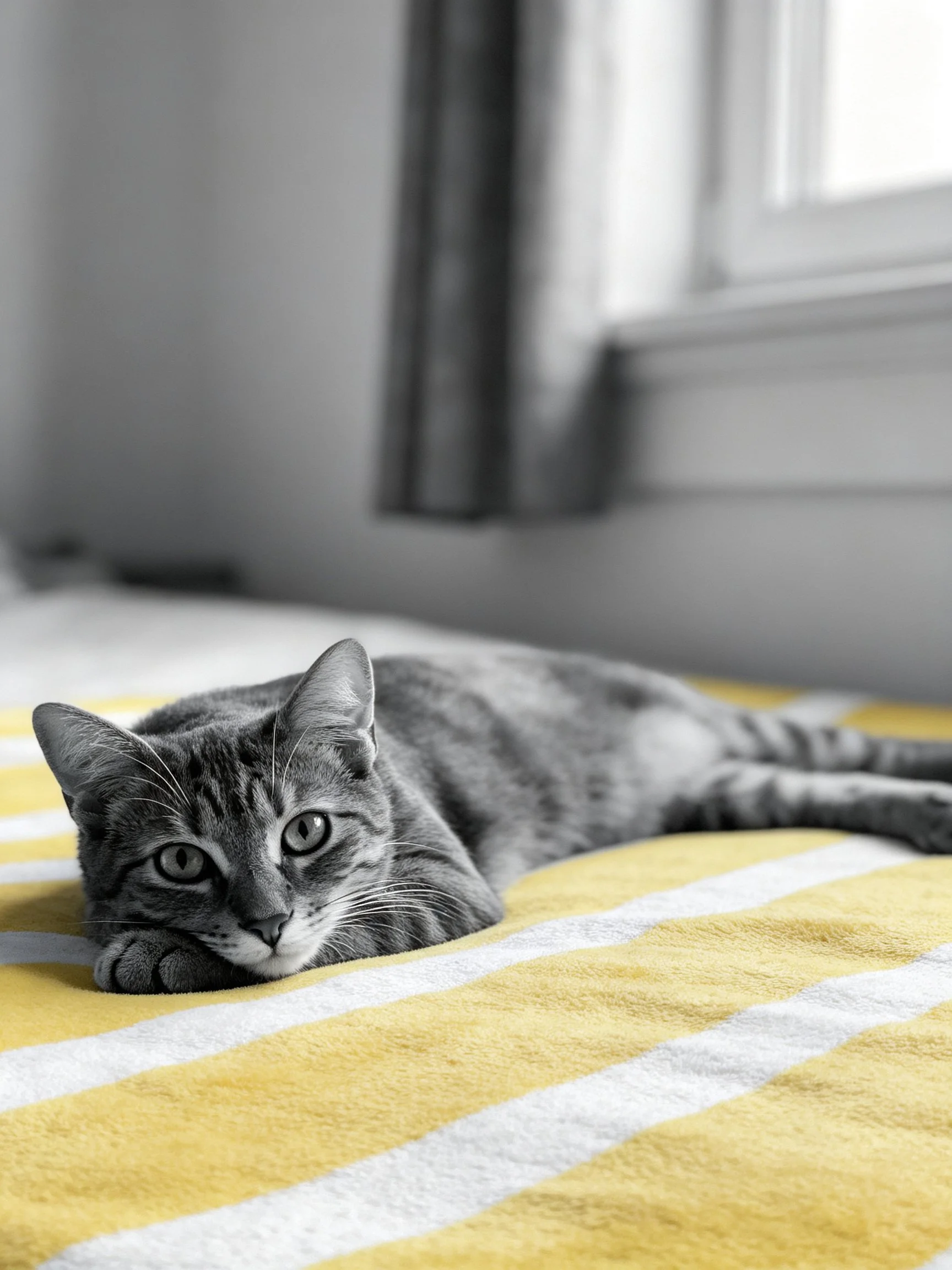 A gray tabby cat lies on a yellow and white striped blanket by a window.