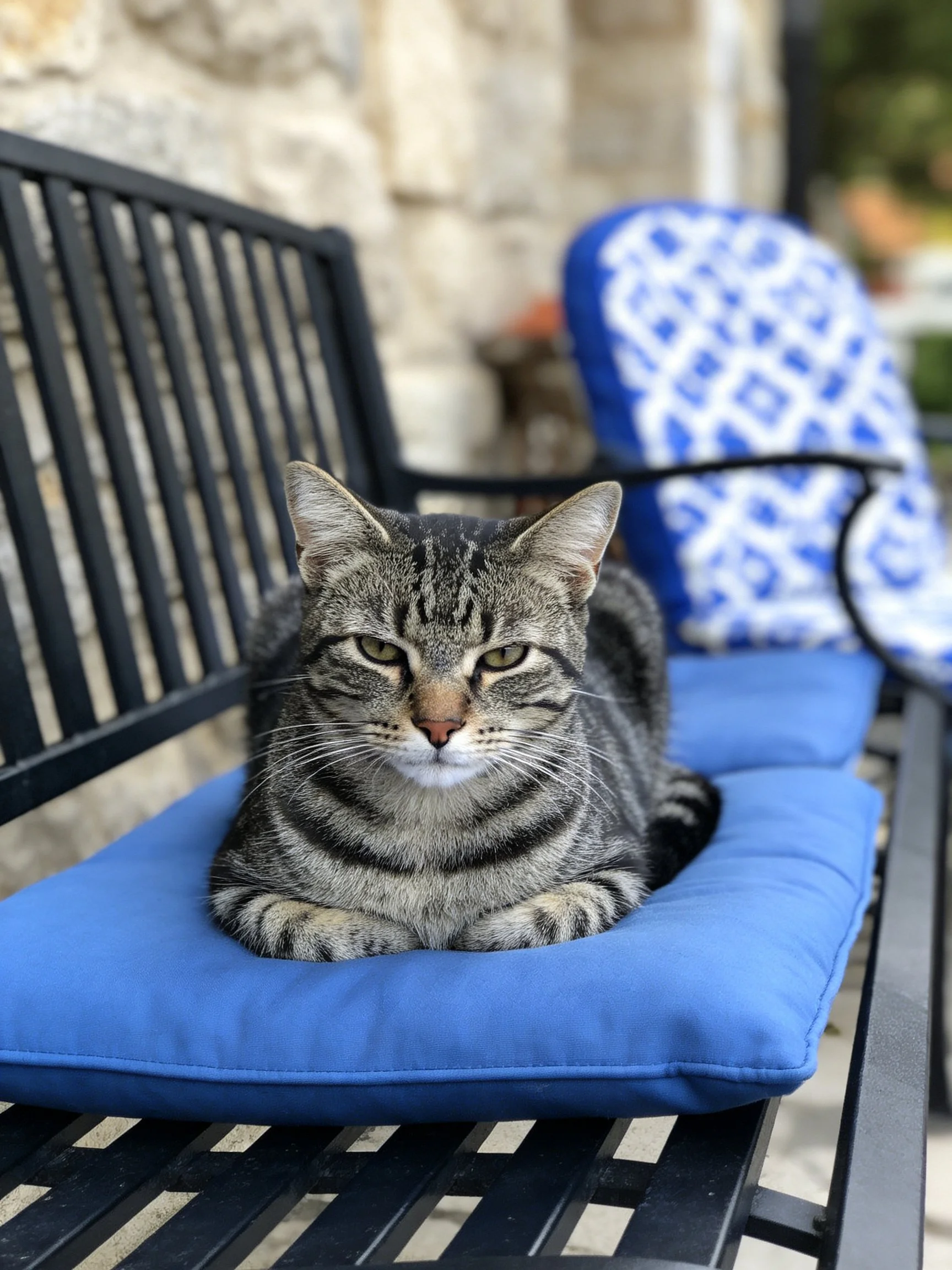 A gray tabby cat rests on blue outdoor cushions on a black metal bench