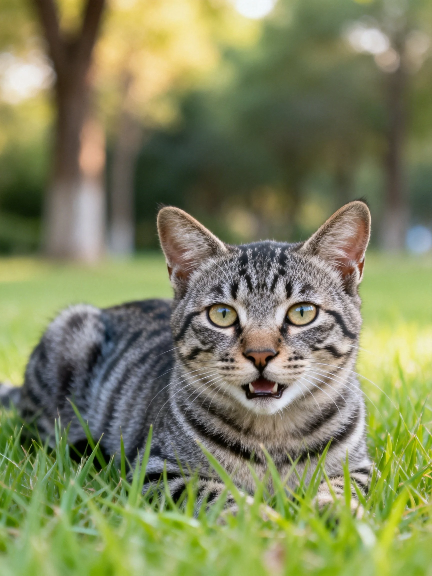 A gray tabby cat relaxes on grass in a sunlit outdoor space.