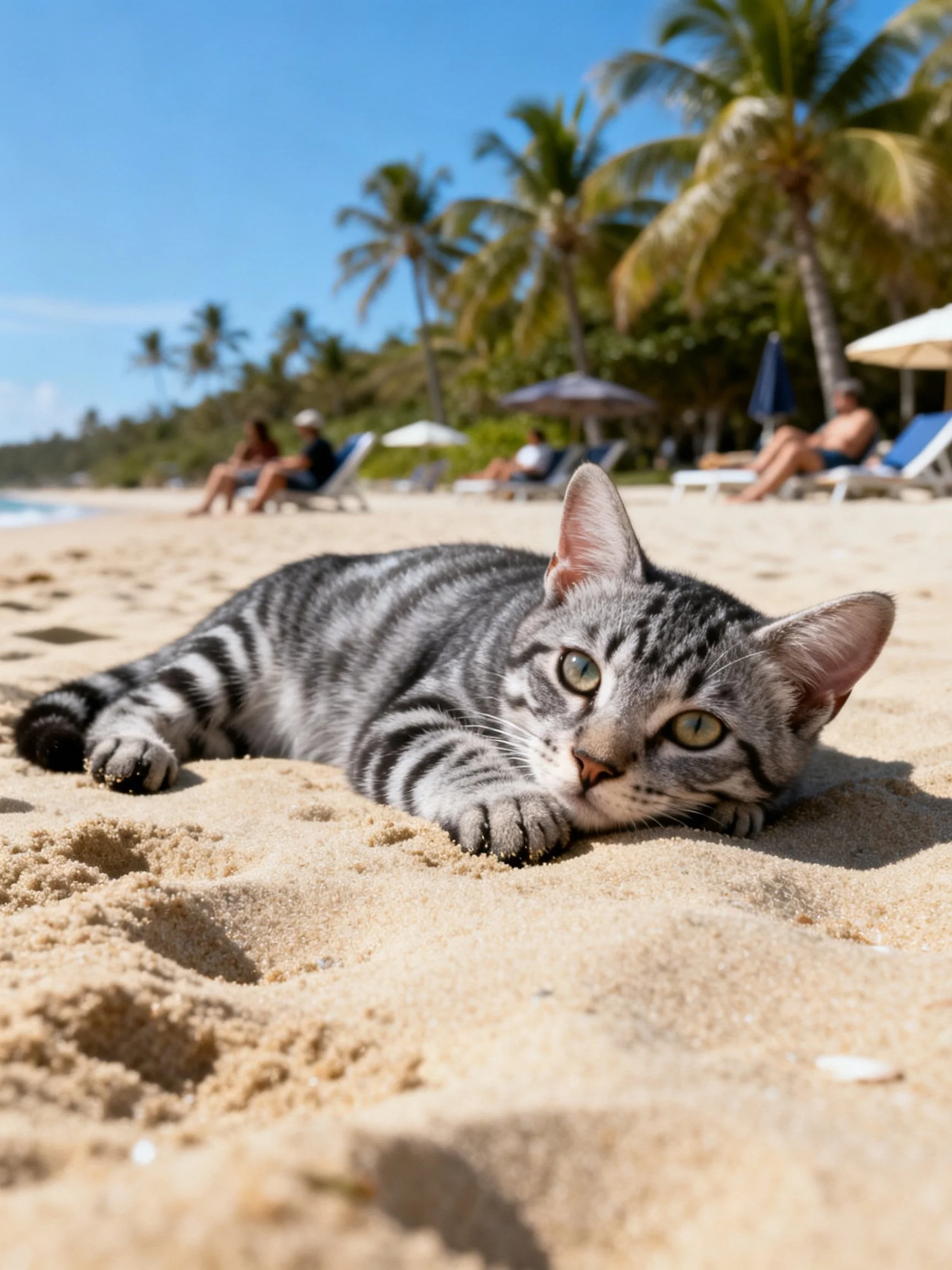 A gray tabby cat rests on sandy beach near palm trees