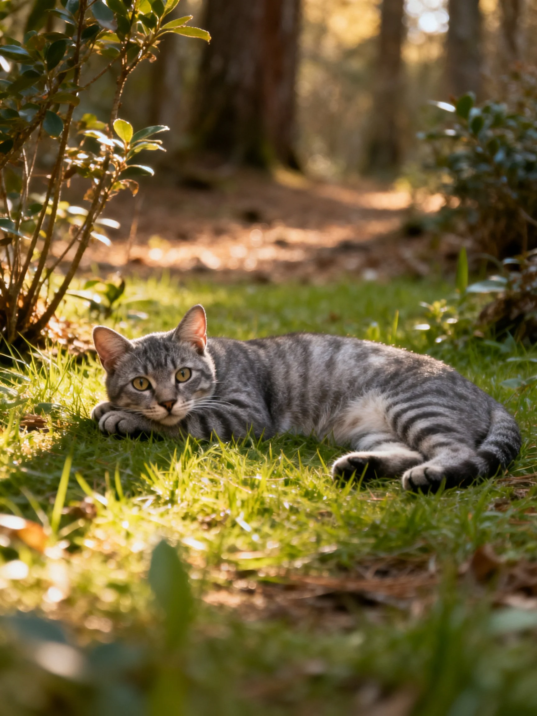 A gray tabby cat rests on sun-dappled grass near forest foliage