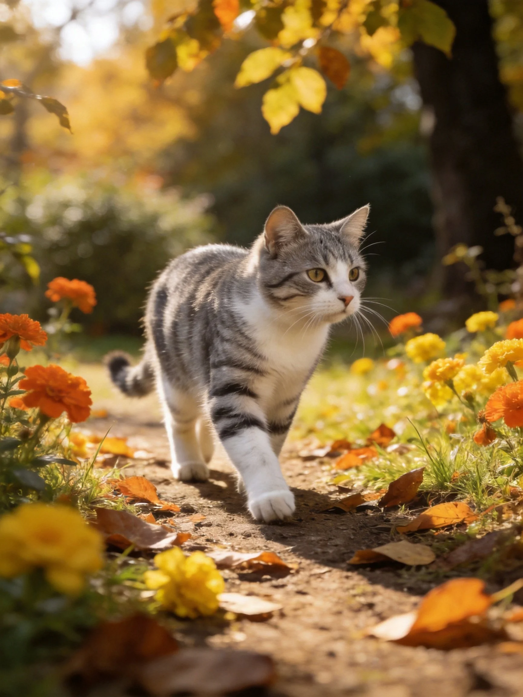 A gray tabby cat roams amid colorful flowers on a leaf-covered path
