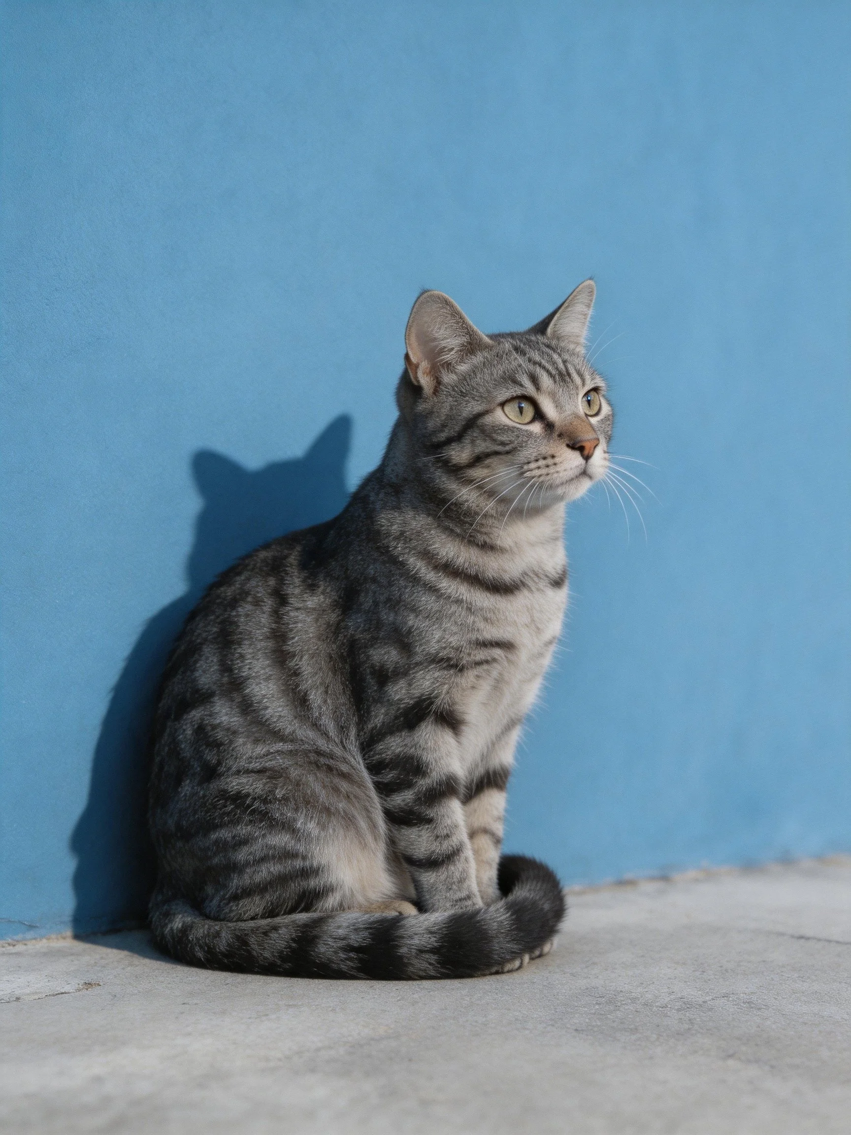 A gray tabby cat sits against a vivid blue wall