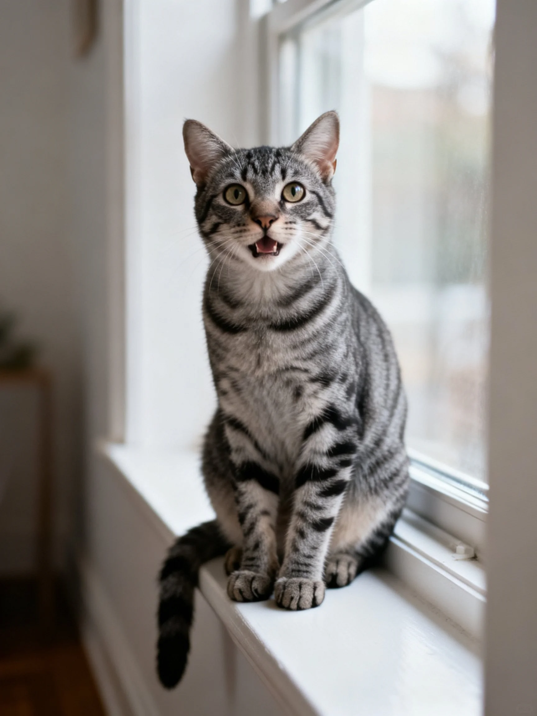 A gray tabby cat sits alertly on a bright windowsill