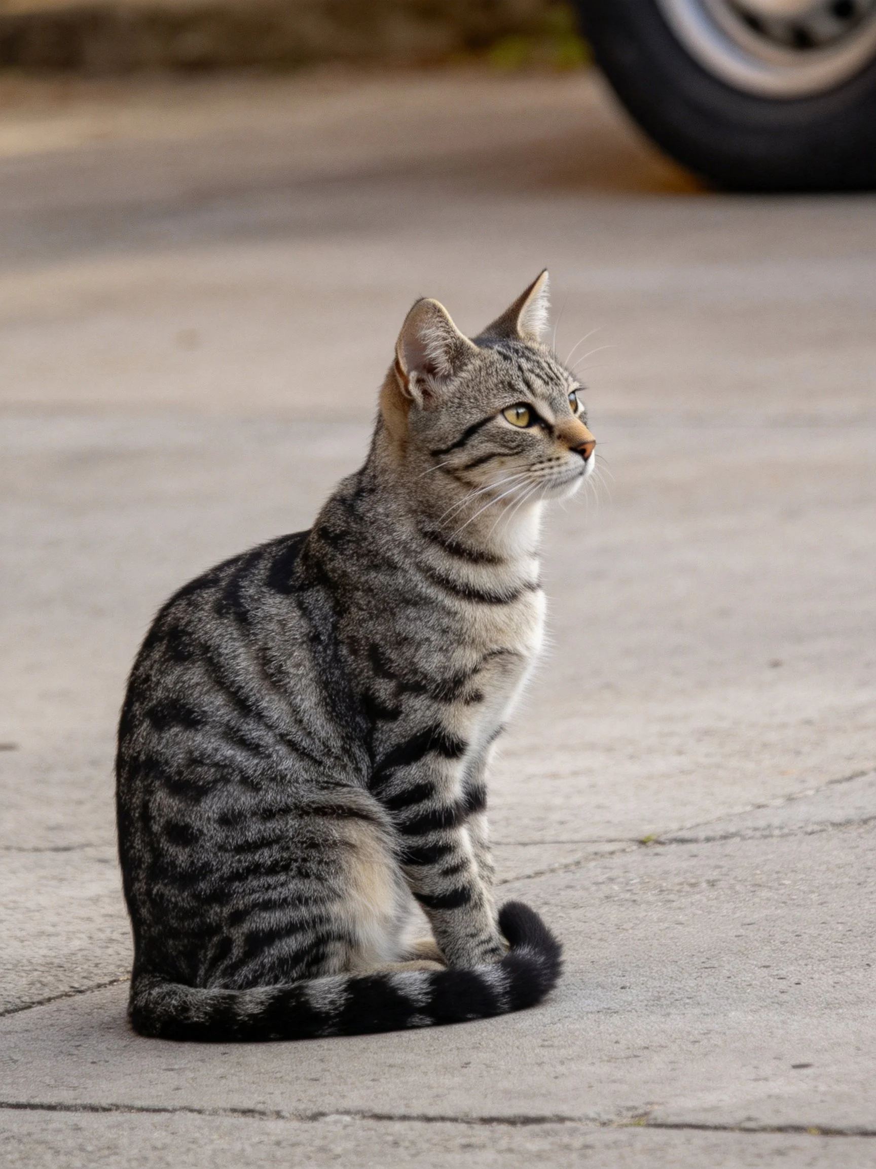A gray tabby cat sits attentively on a concrete area near a vehicle tire.