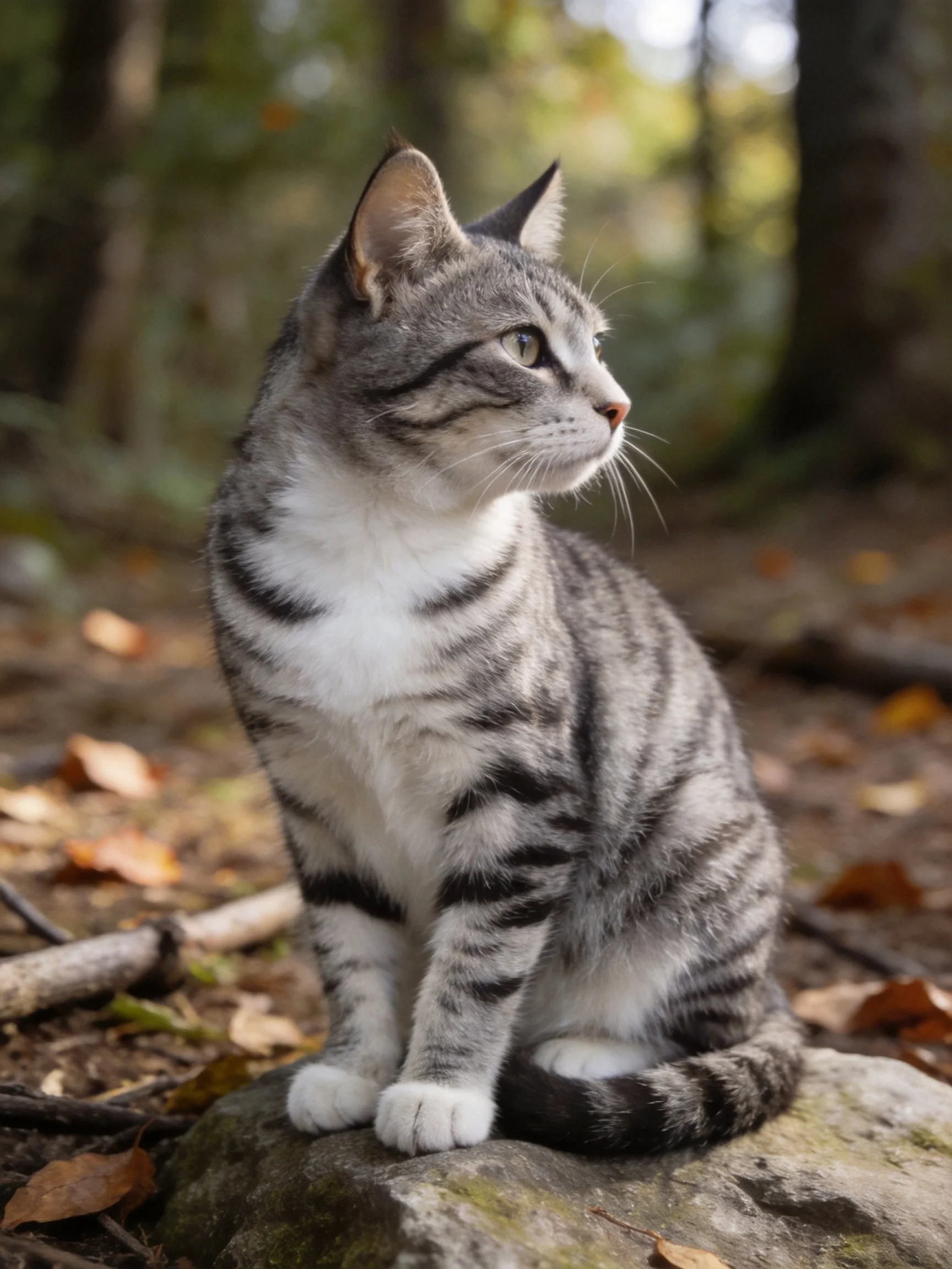A gray tabby cat sits alertly on a mossy rock amid fallen leaves