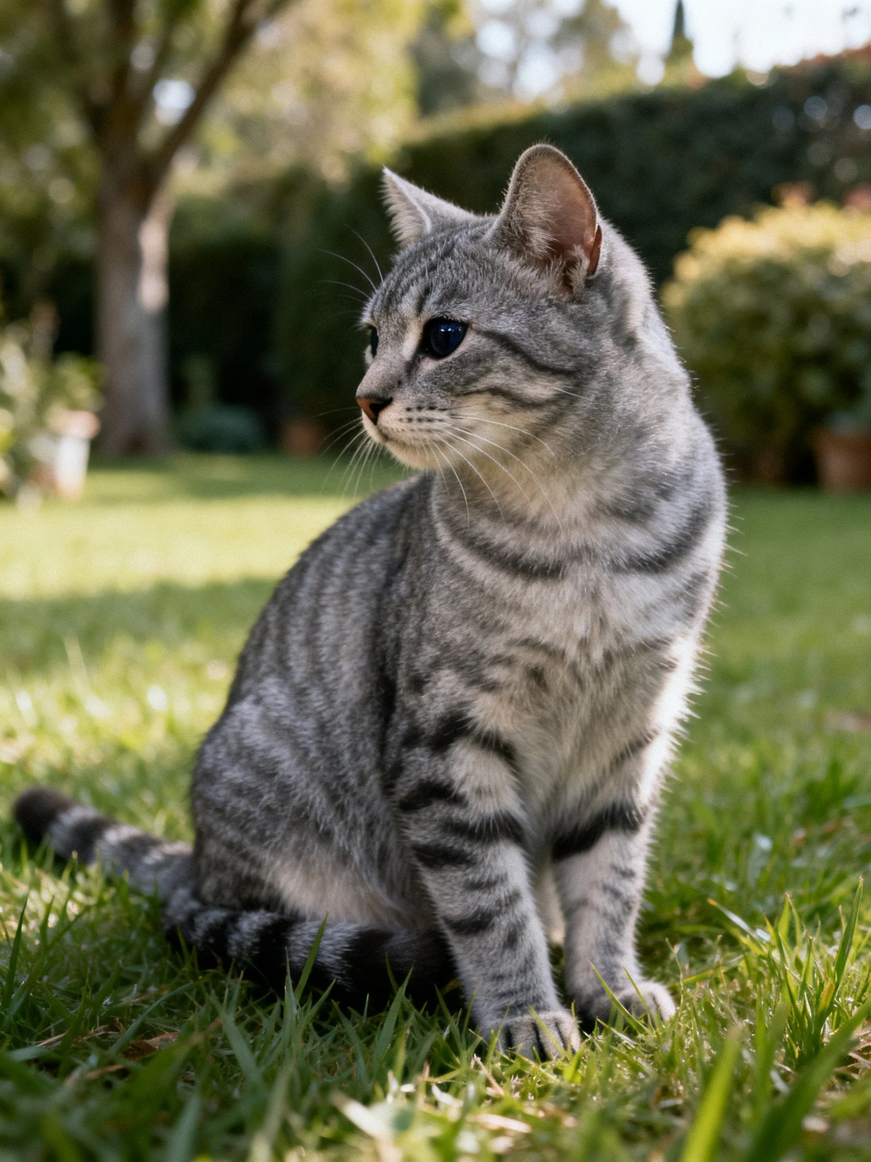 A gray tabby cat sits attentively on grass in a sunlit garden.