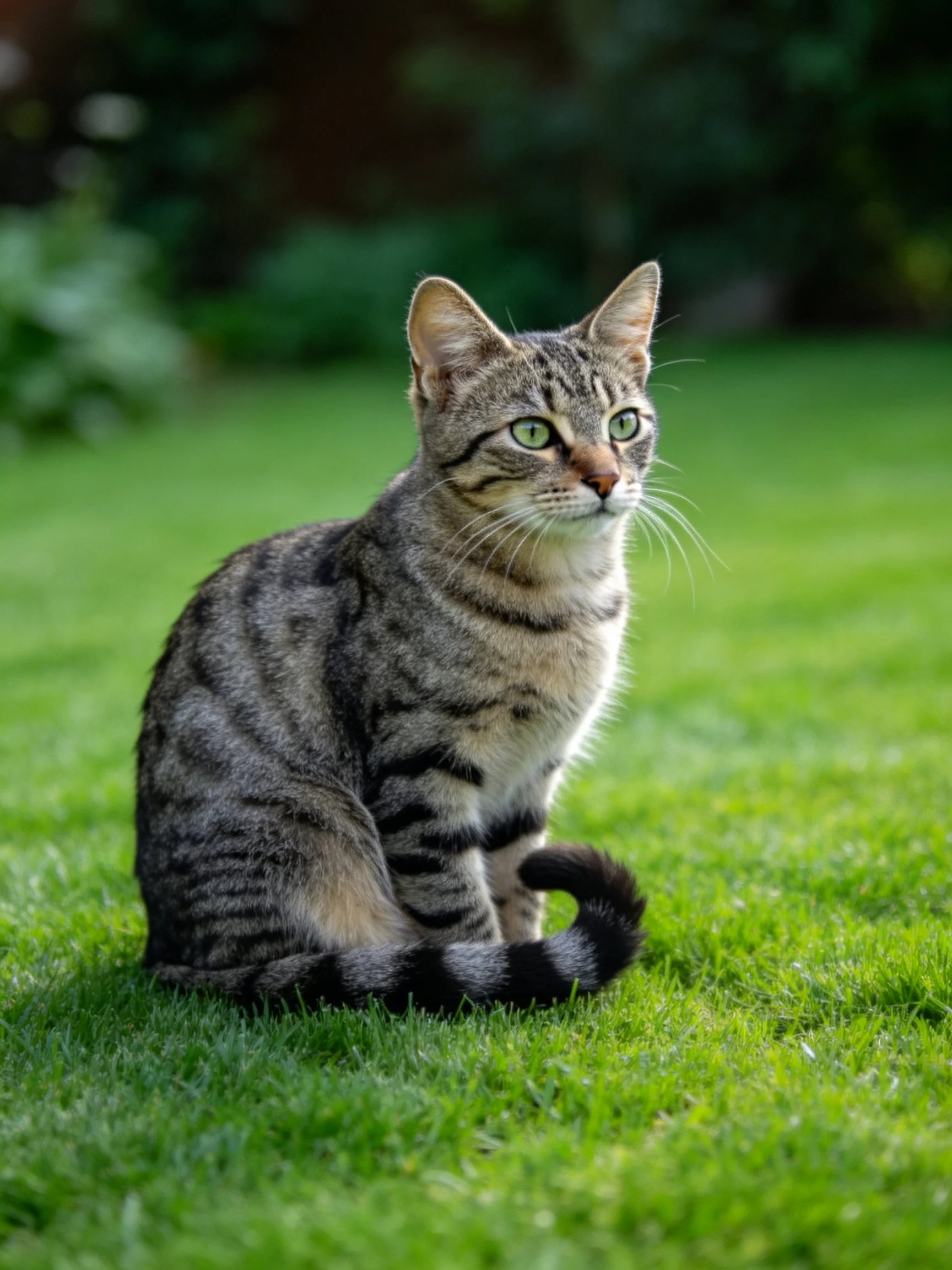 A gray tabby cat sits alertly on vibrant green grass