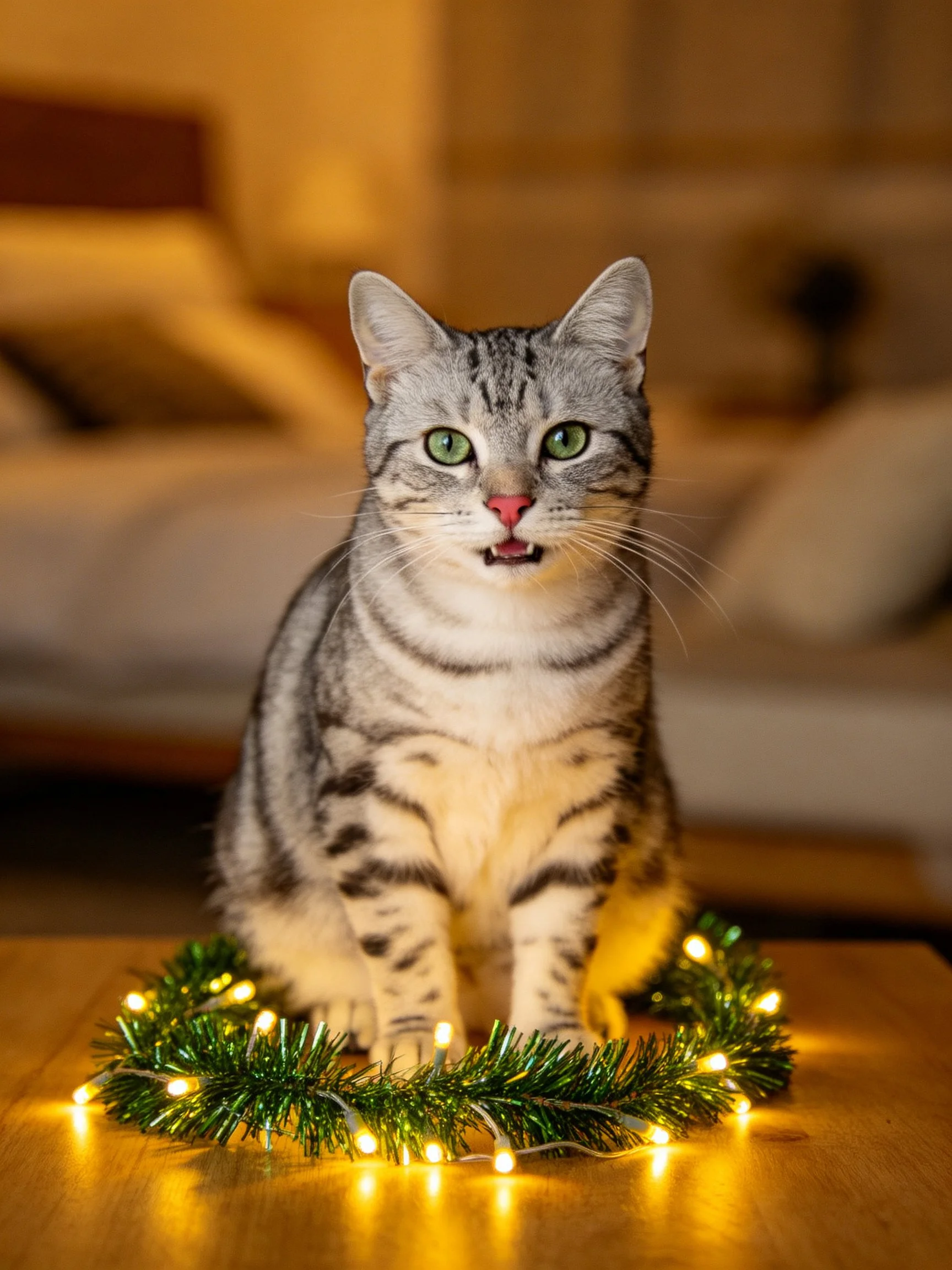 A gray tabby cat sits amid glowing holiday tinsel on a wooden table