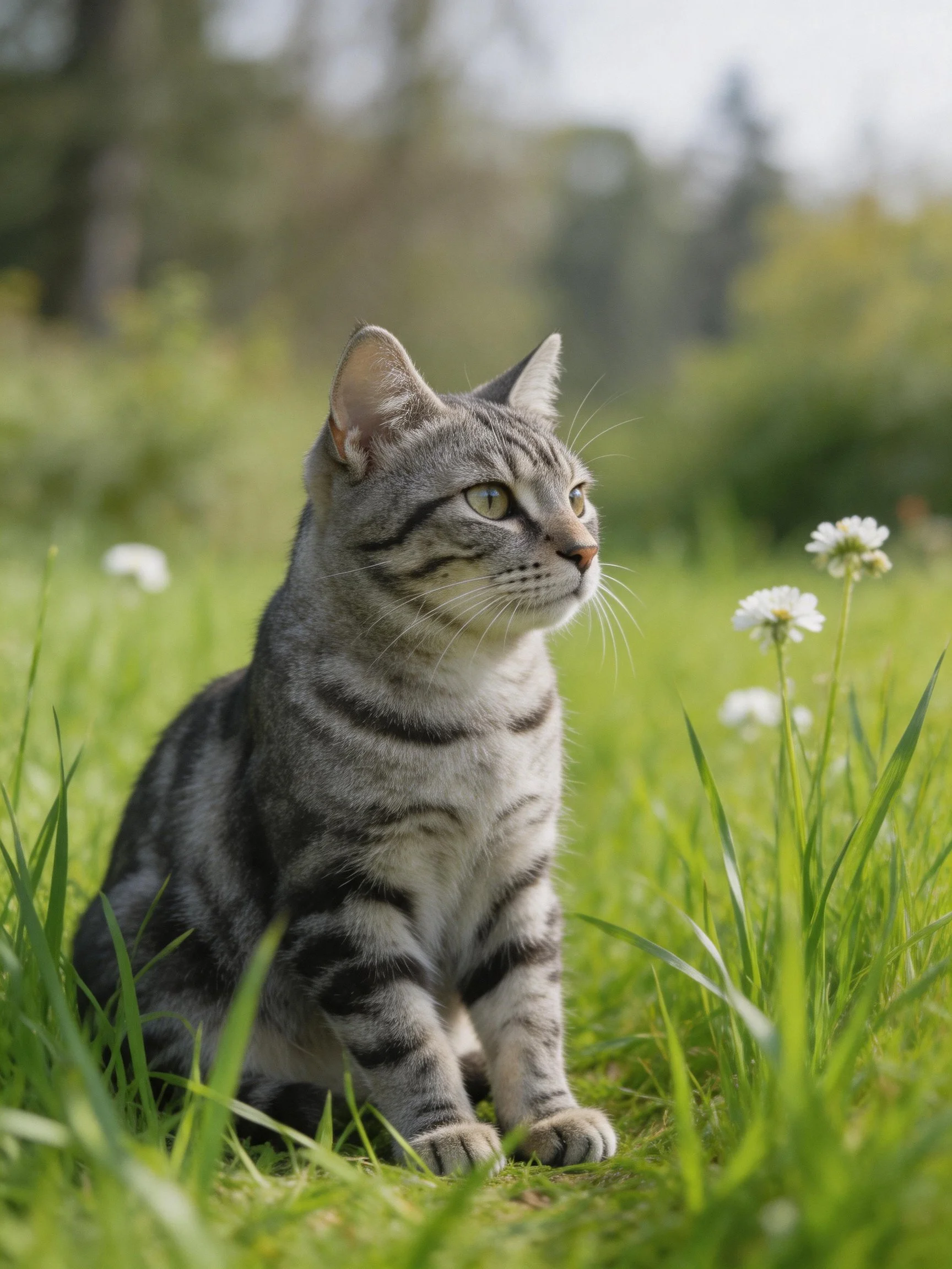 A gray tabby cat relaxes in a sunlit meadow with green grass and white flowers.