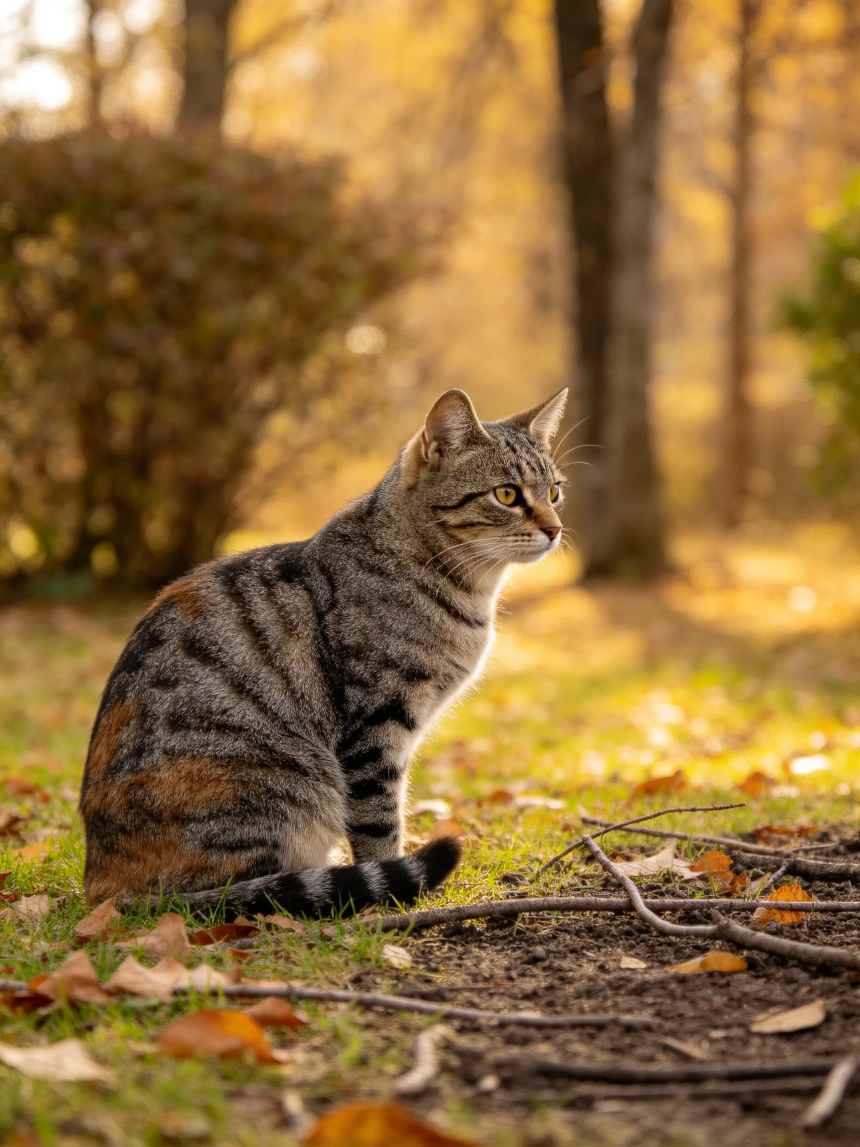 A gray tabby cat sits among autumn leaves in a sunlit forest
